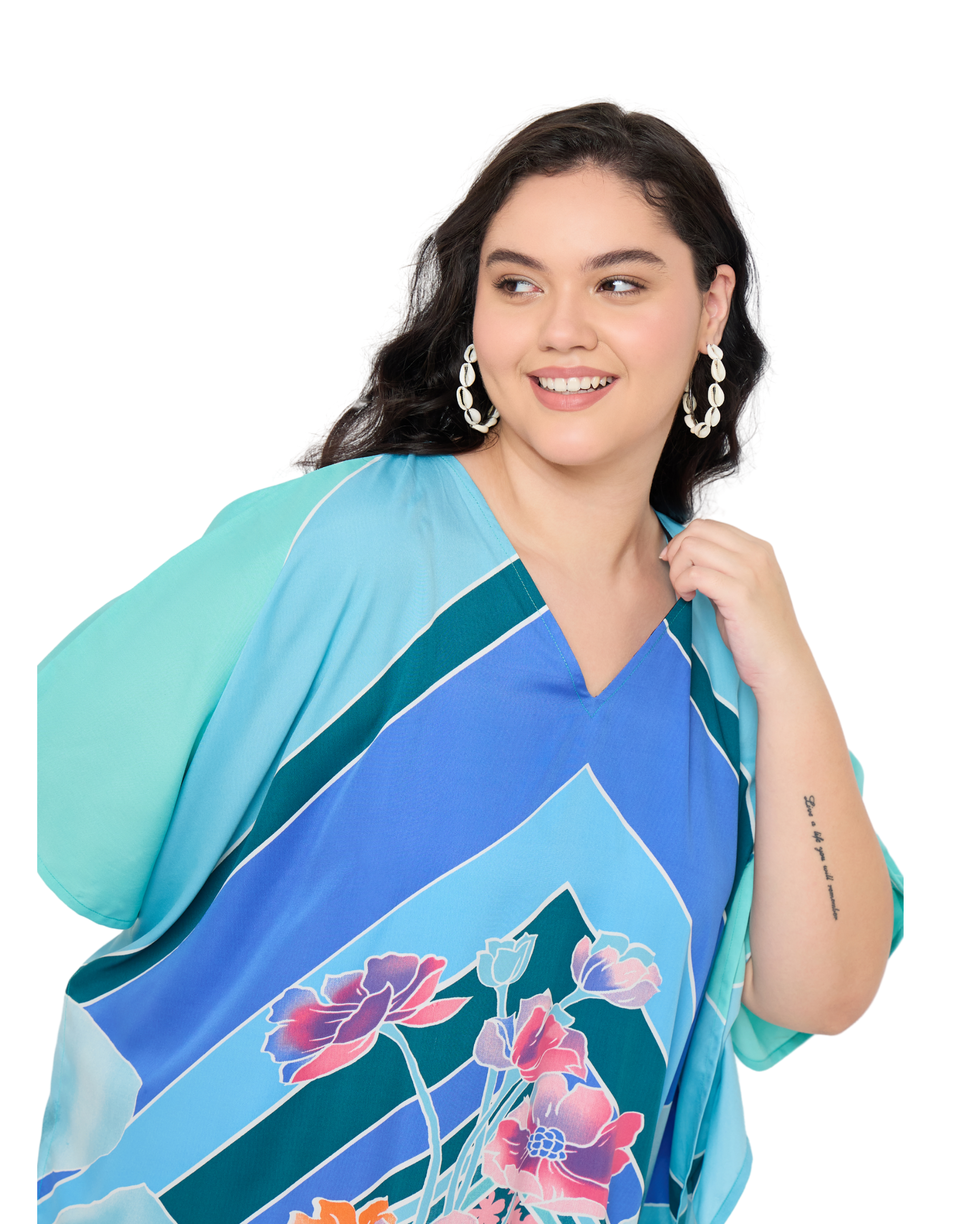 Light Teal Floral Polyester Plus Size Caftan Dress for Women