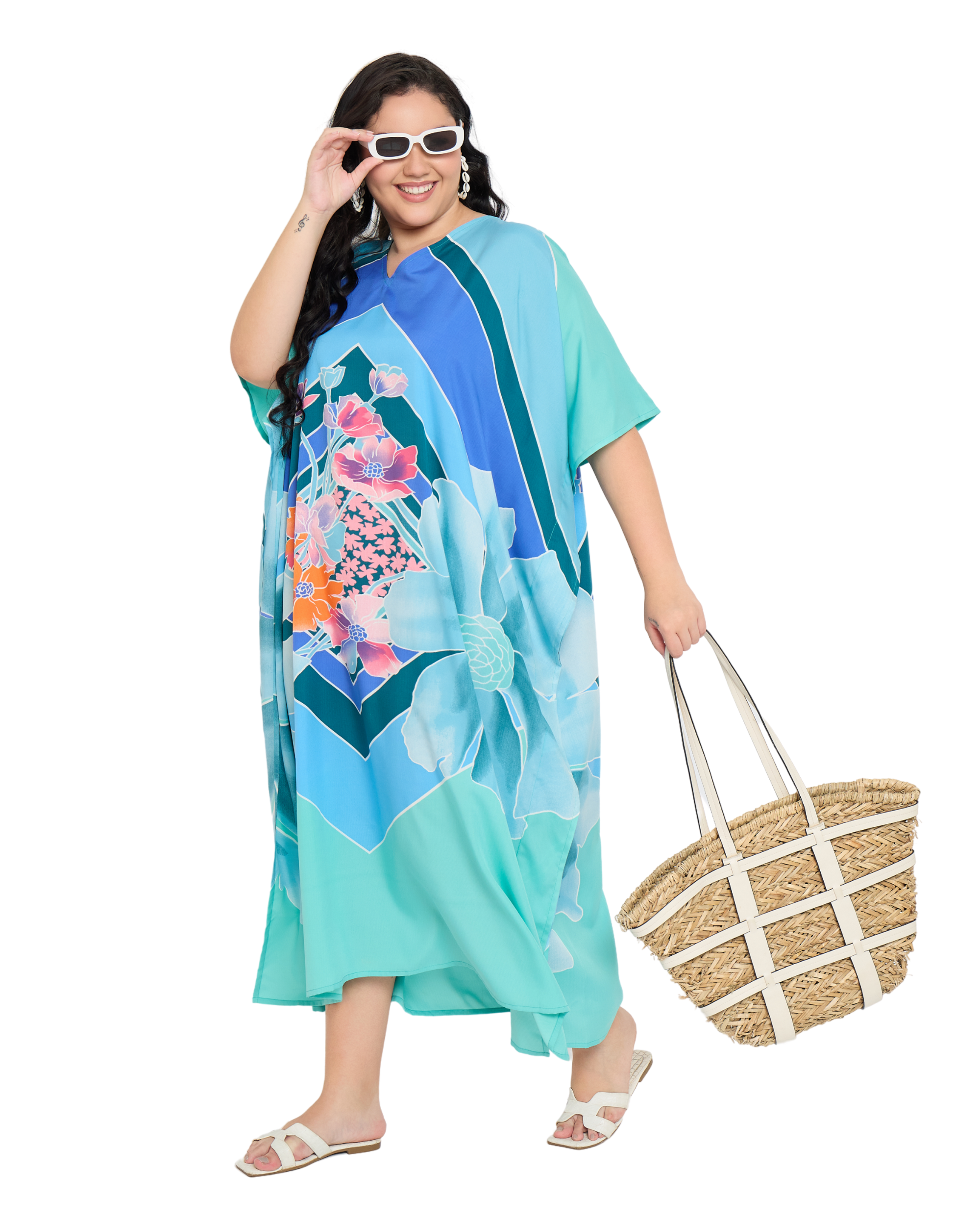 Light Teal Floral Polyester Plus Size Caftan Dress for Women