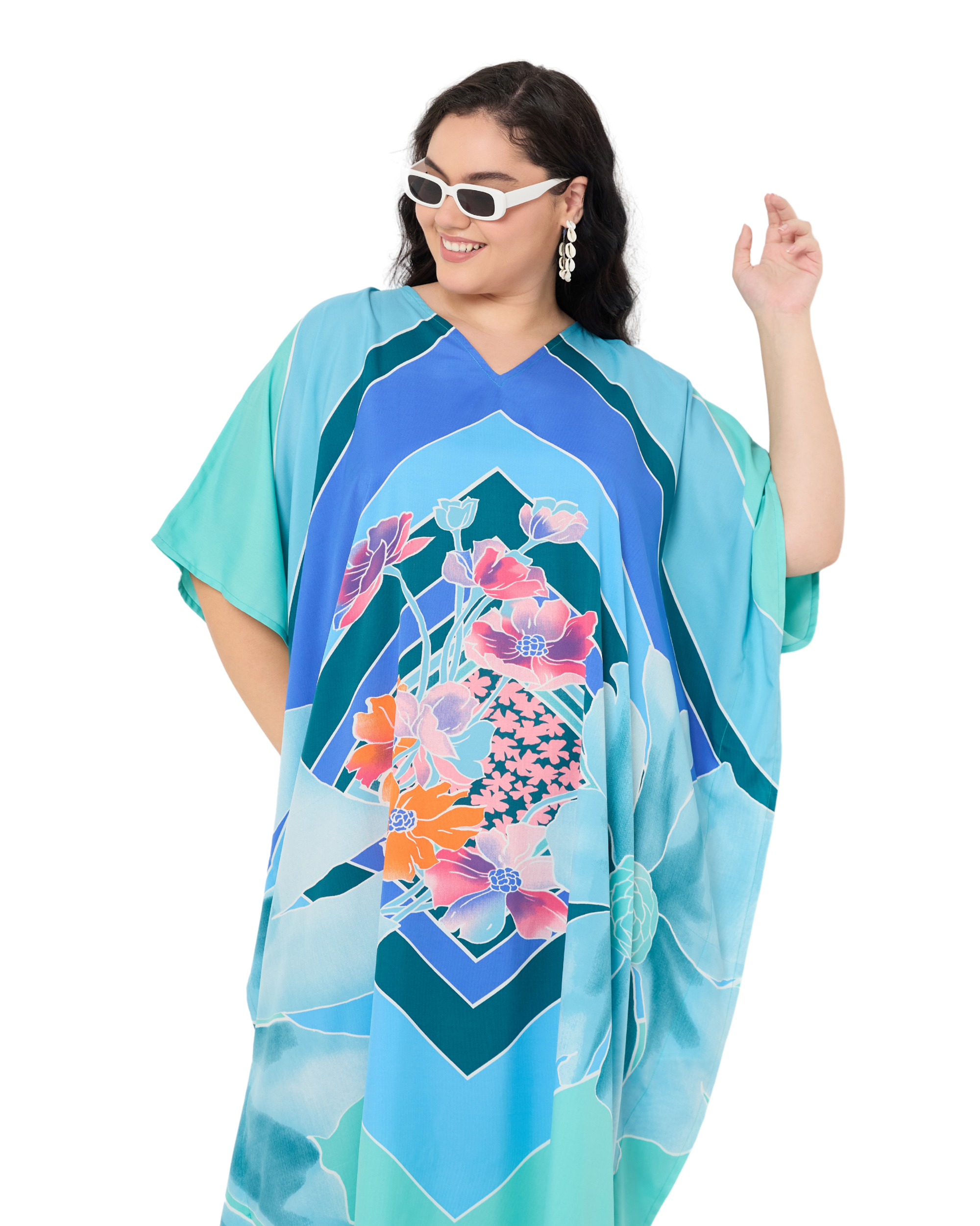 Light Teal Floral Polyester Plus Size Caftan Dress for Women
