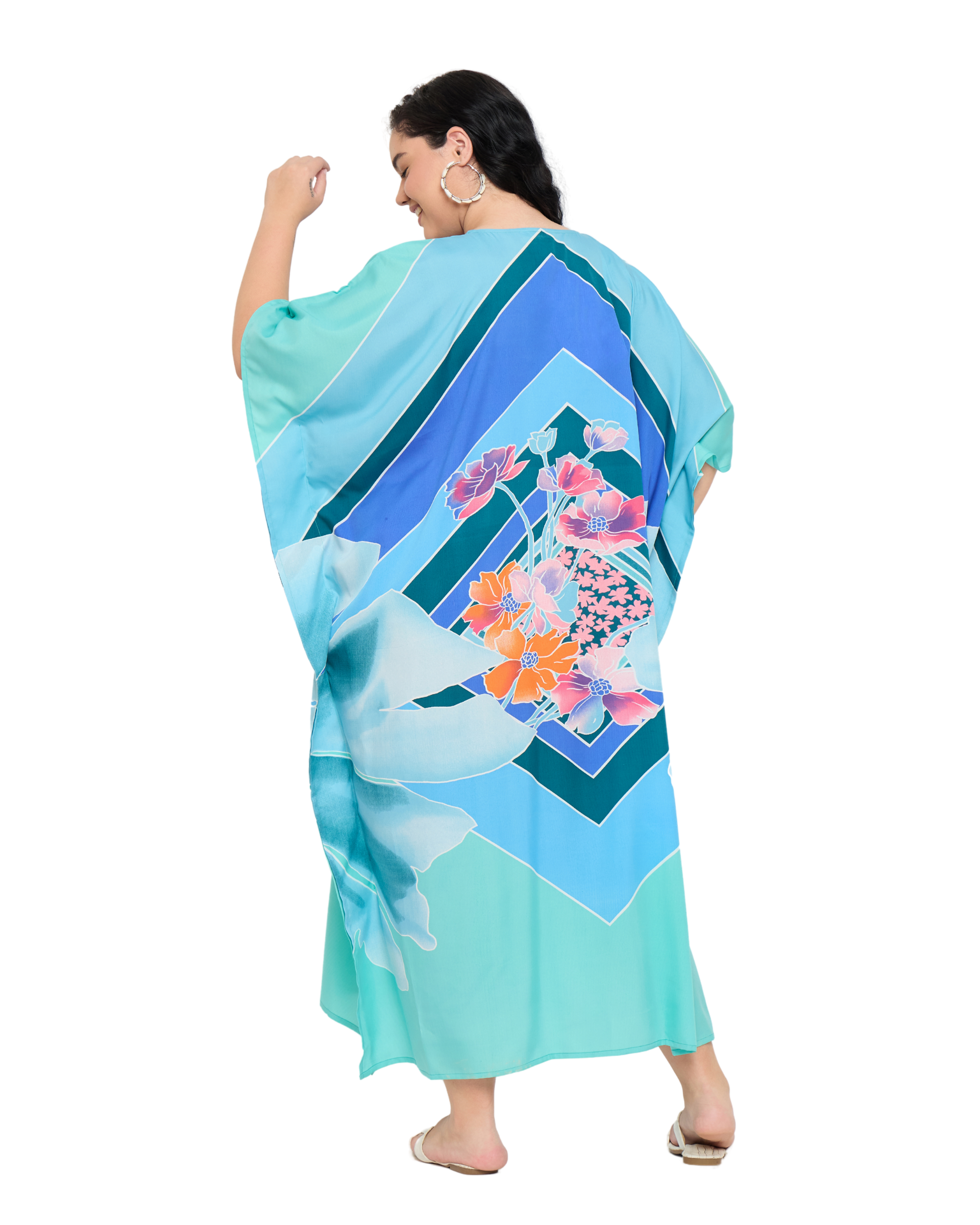 Light Teal Floral Polyester Plus Size Caftan Dress for Women