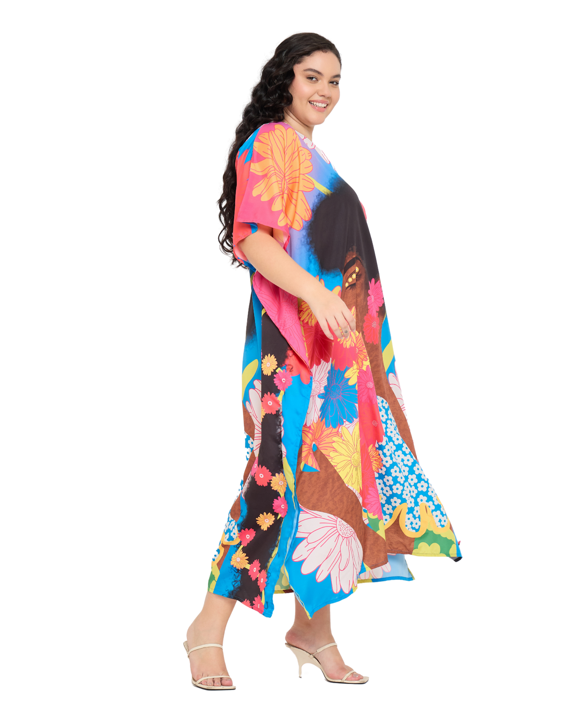 Multicolor Polyester Floral Kaftan Dress for Women