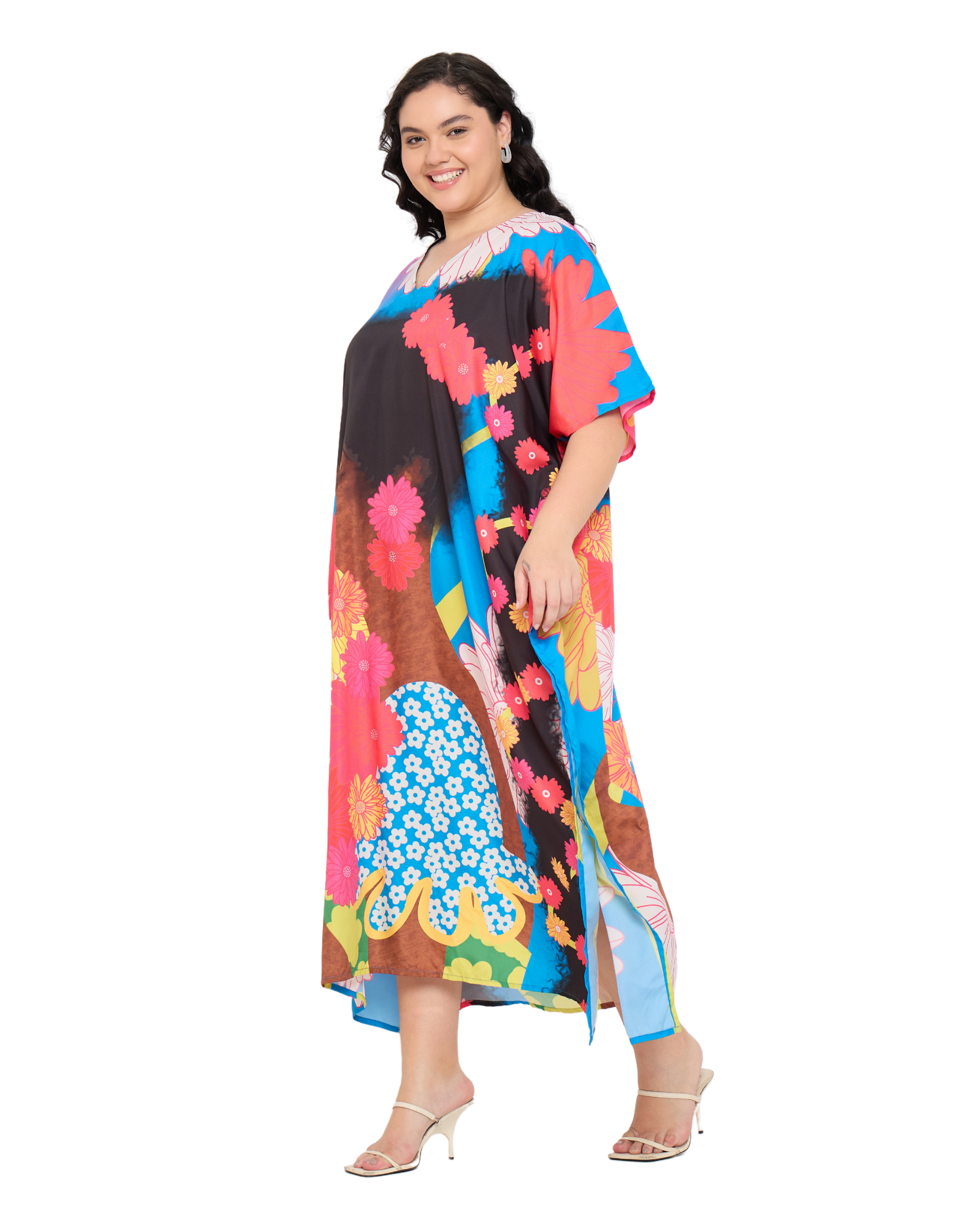 Multicolor Polyester Floral Kaftan Dress for Women