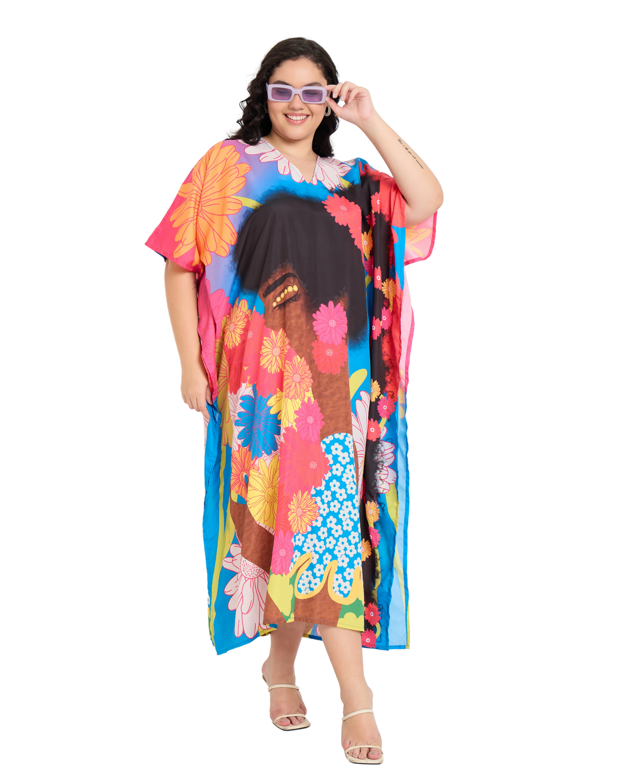 Multicolor Polyester Floral Kaftan Dress for Women