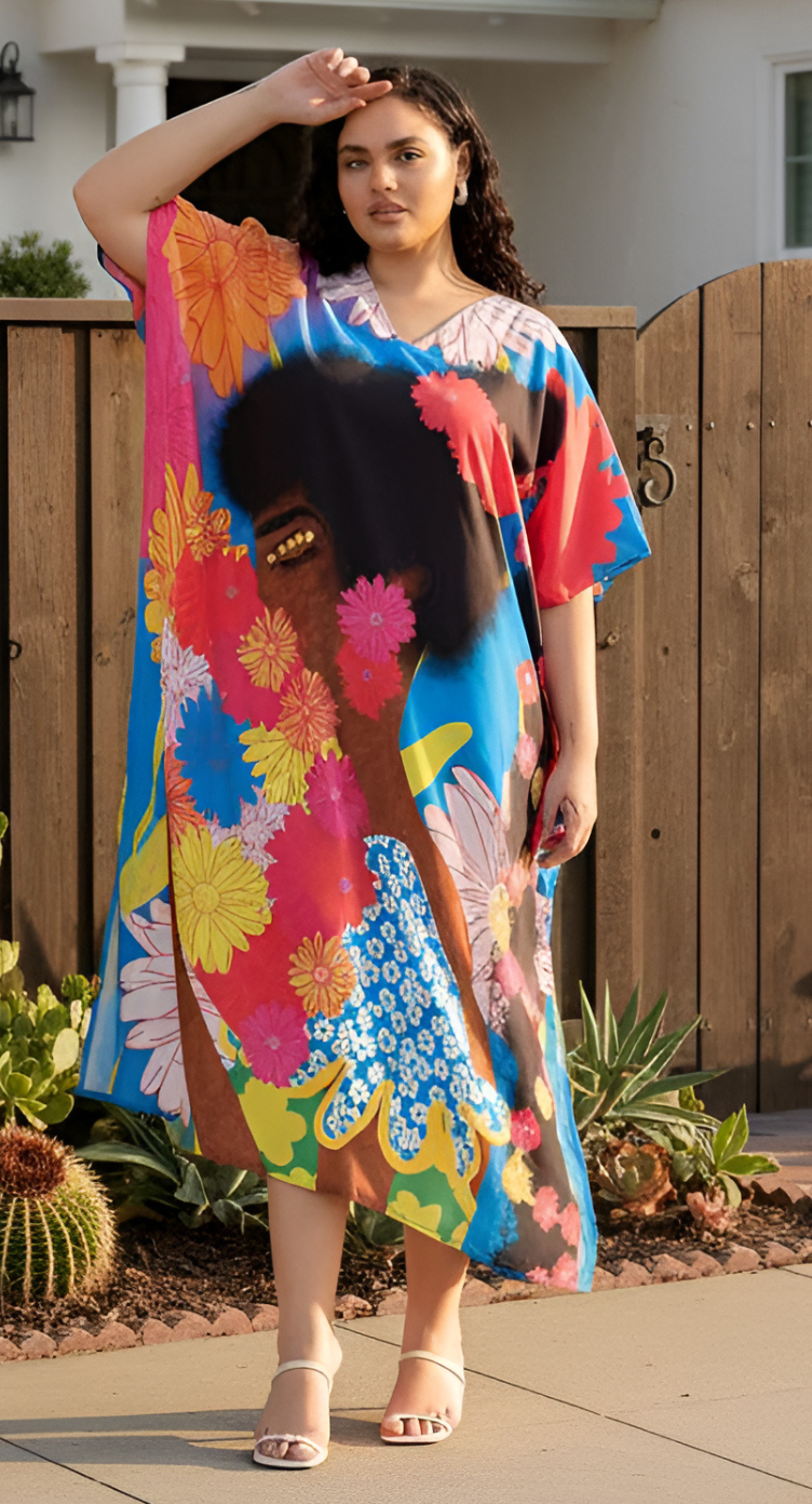 Multicolor Polyester Floral Kaftan Dress for Women