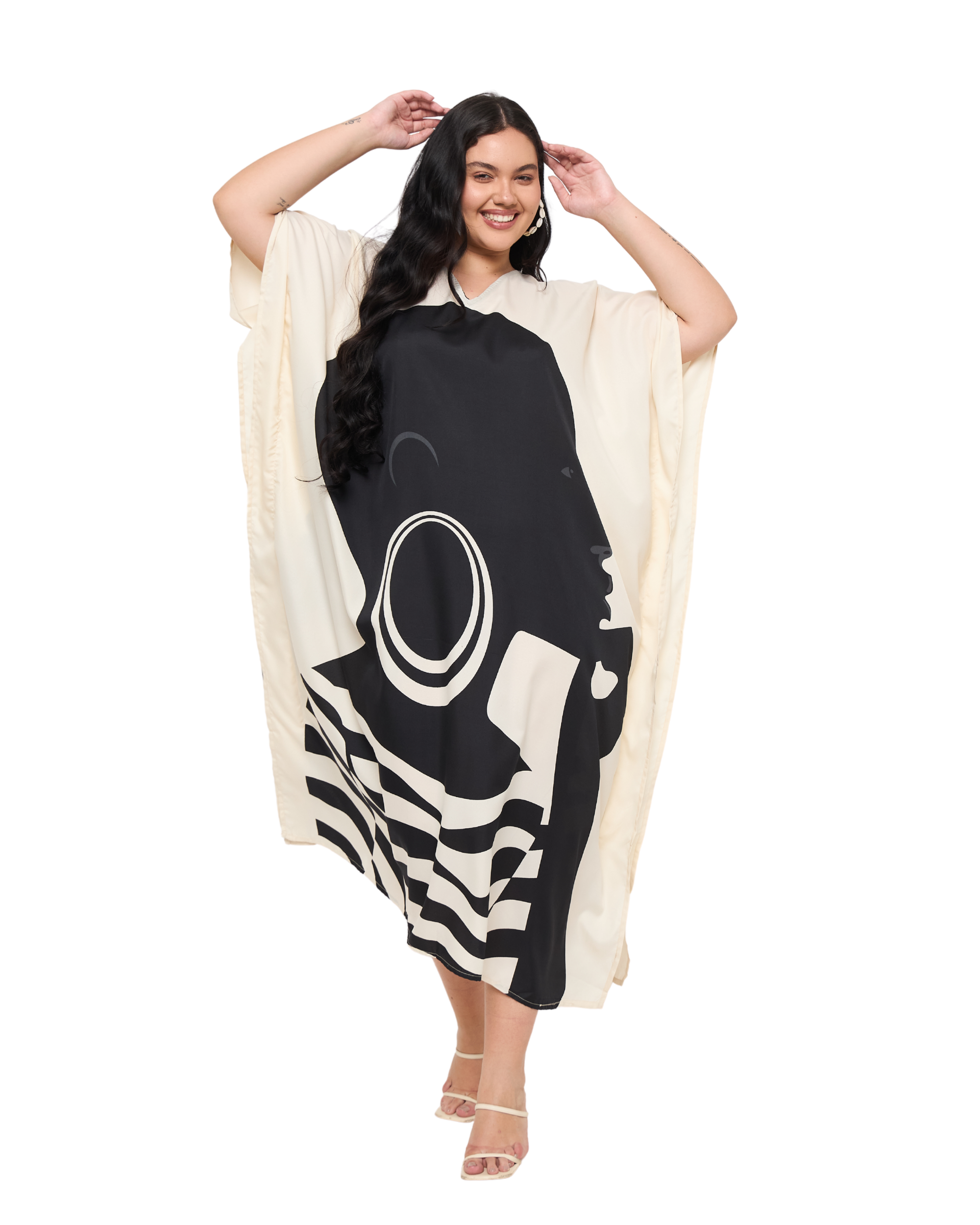 Lady Print Cream Polyester Women Plus Size Evening kaftan Dress