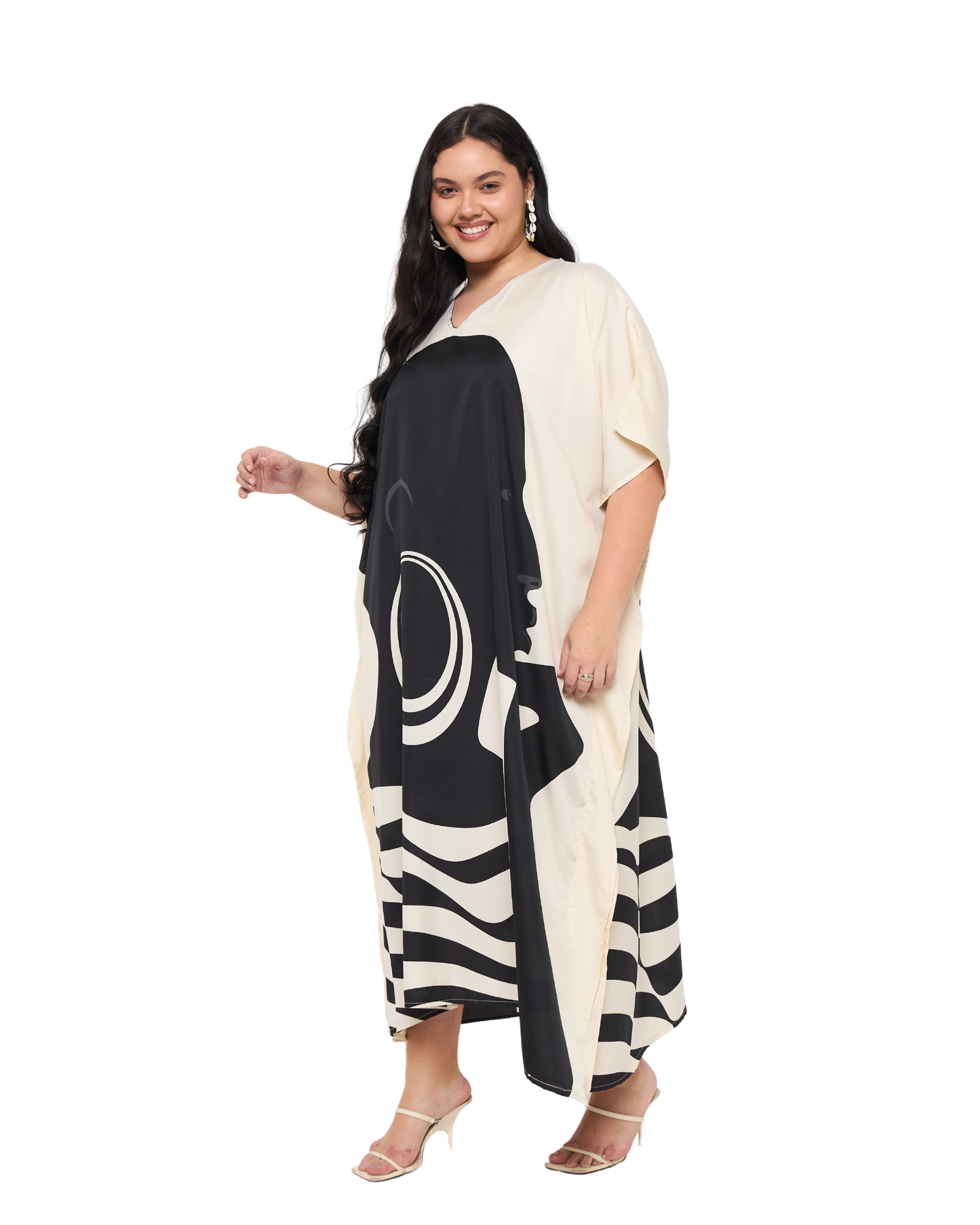 Lady Print Cream Polyester Women Plus Size Evening kaftan Dress