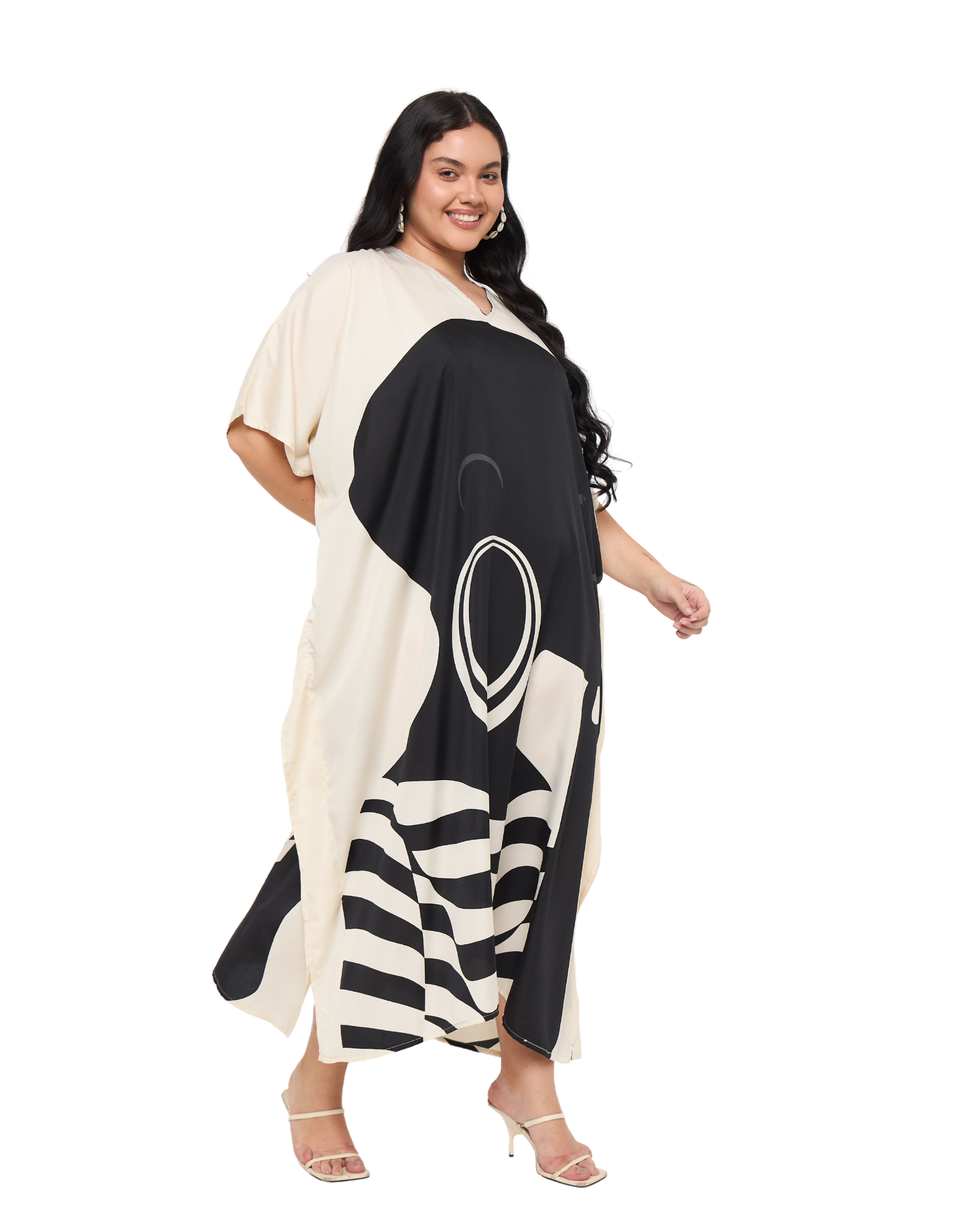 Lady Print Cream Polyester Women Plus Size Evening kaftan Dress