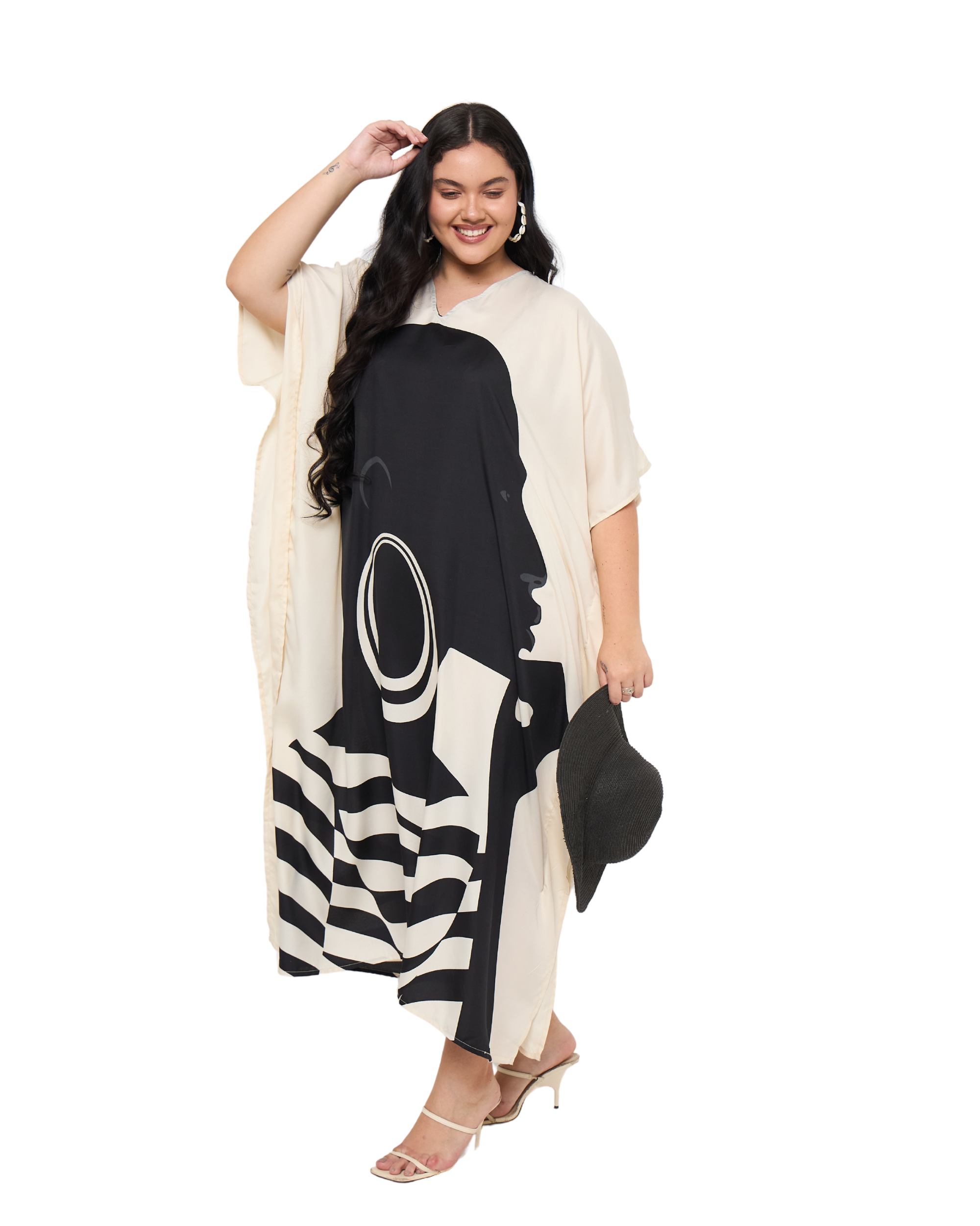 Lady Print Cream Polyester Women Plus Size Evening kaftan Dress