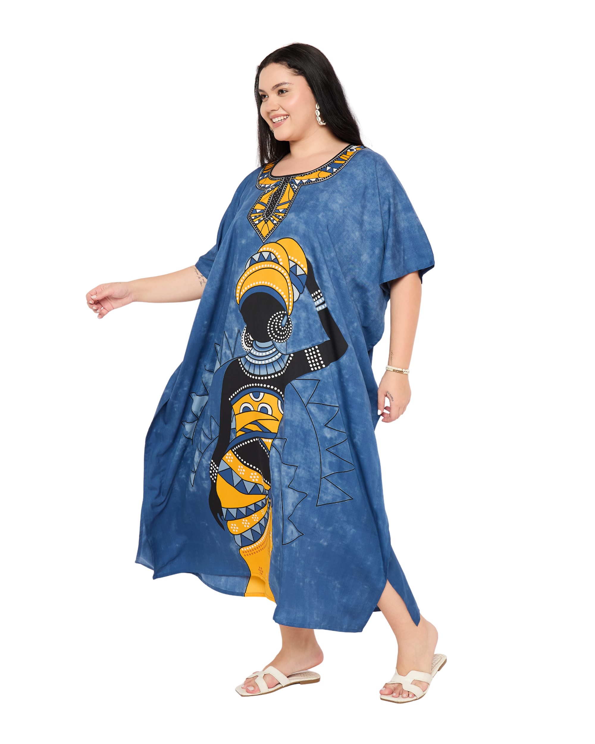 Blue Tribal Polyester Plus Size Kaftan Dress For Women