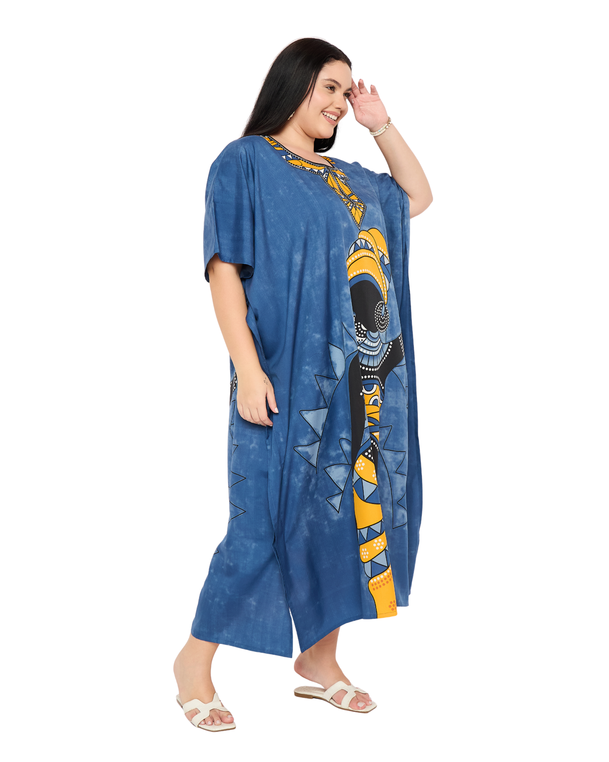 Blue Tribal Polyester Plus Size Kaftan Dress For Women
