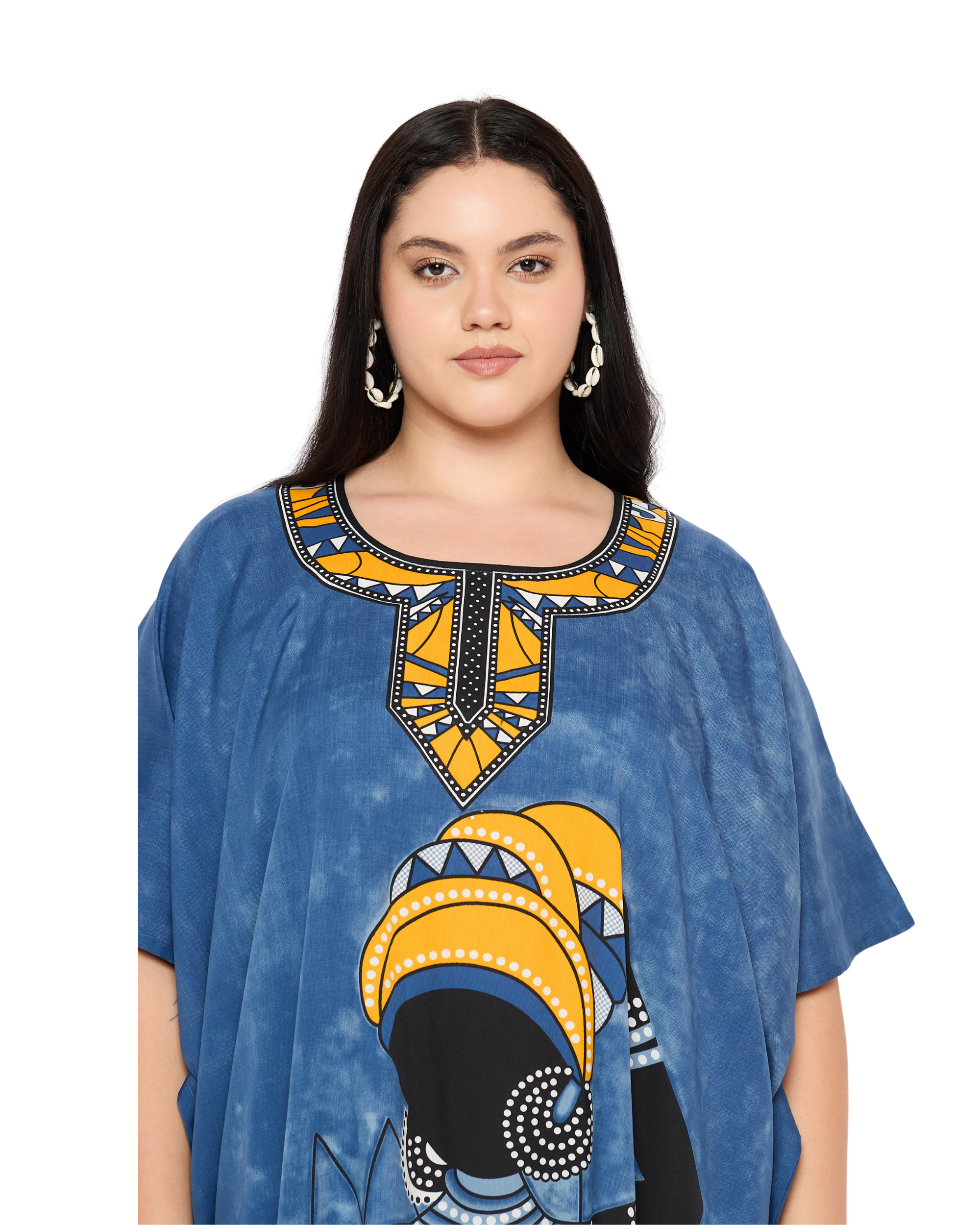 Blue Tribal Polyester Plus Size Kaftan Dress For Women