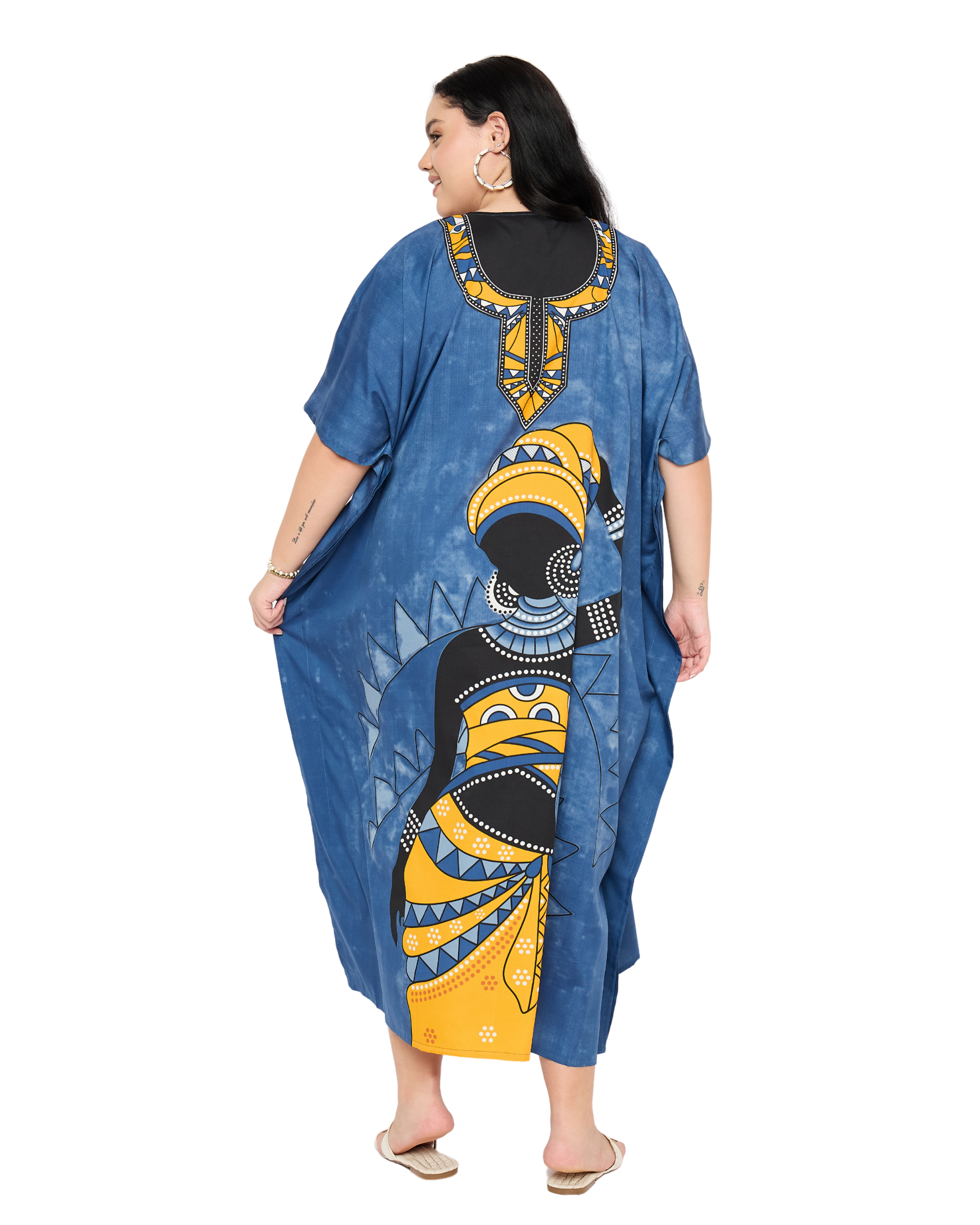 Blue Tribal Polyester Plus Size Kaftan Dress For Women