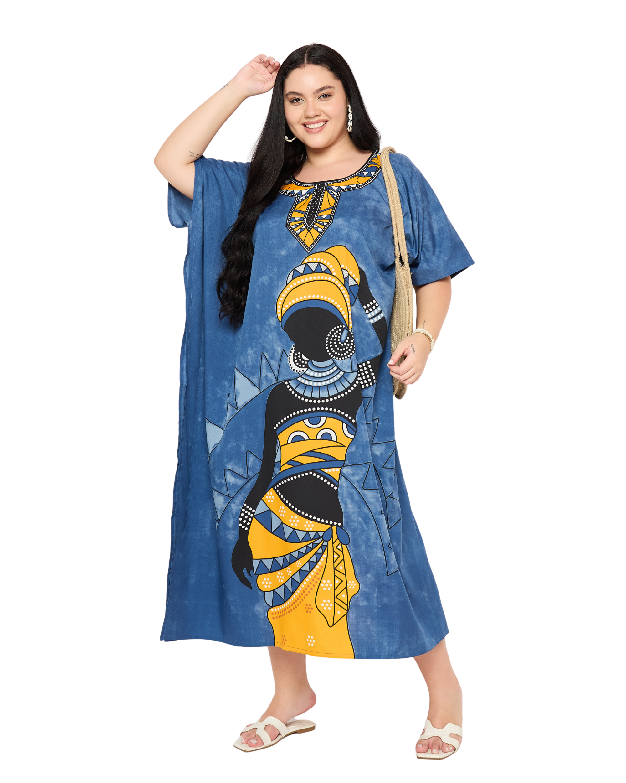 Blue Tribal Polyester Plus Size Kaftan Dress For Women