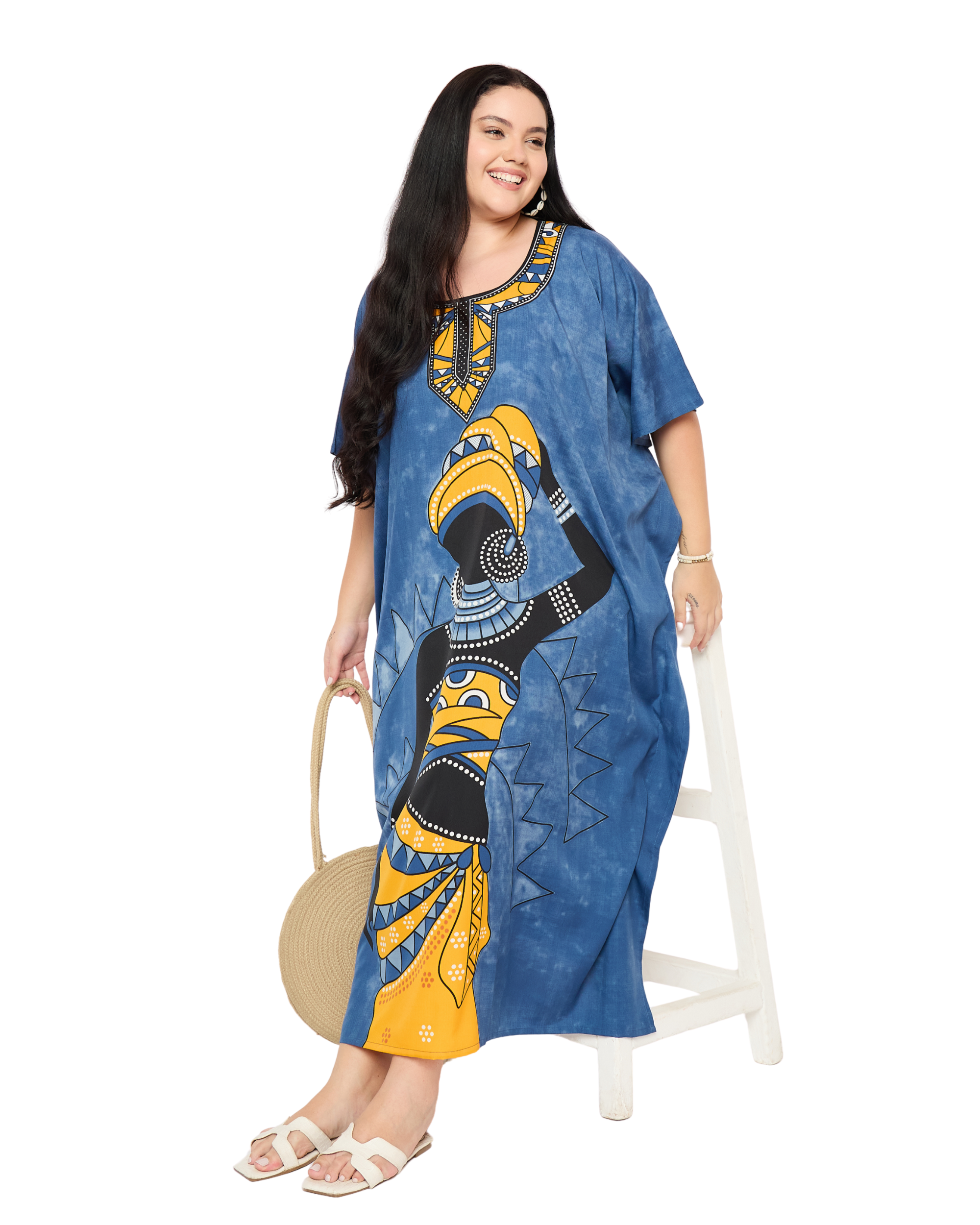 Blue Tribal Polyester Plus Size Kaftan Dress For Women