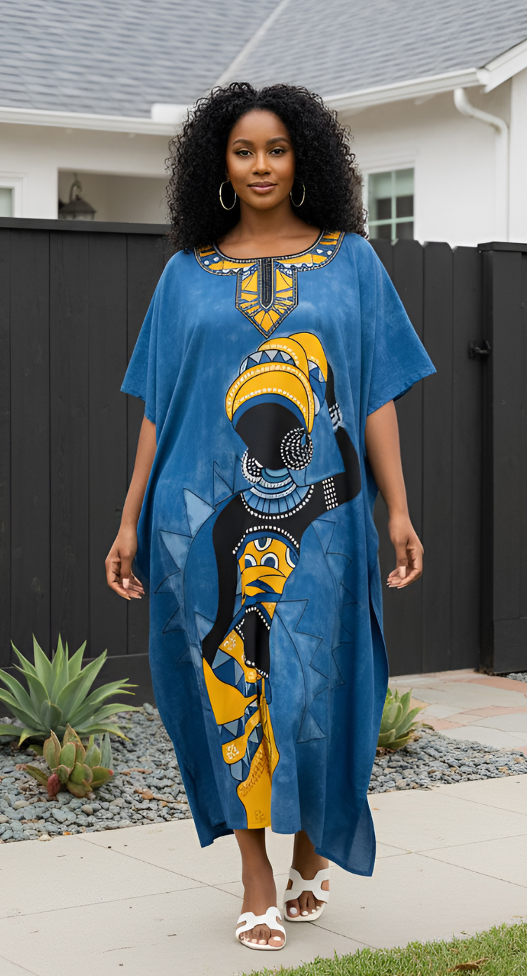 Blue Tribal Polyester Plus Size Kaftan Dress For Women