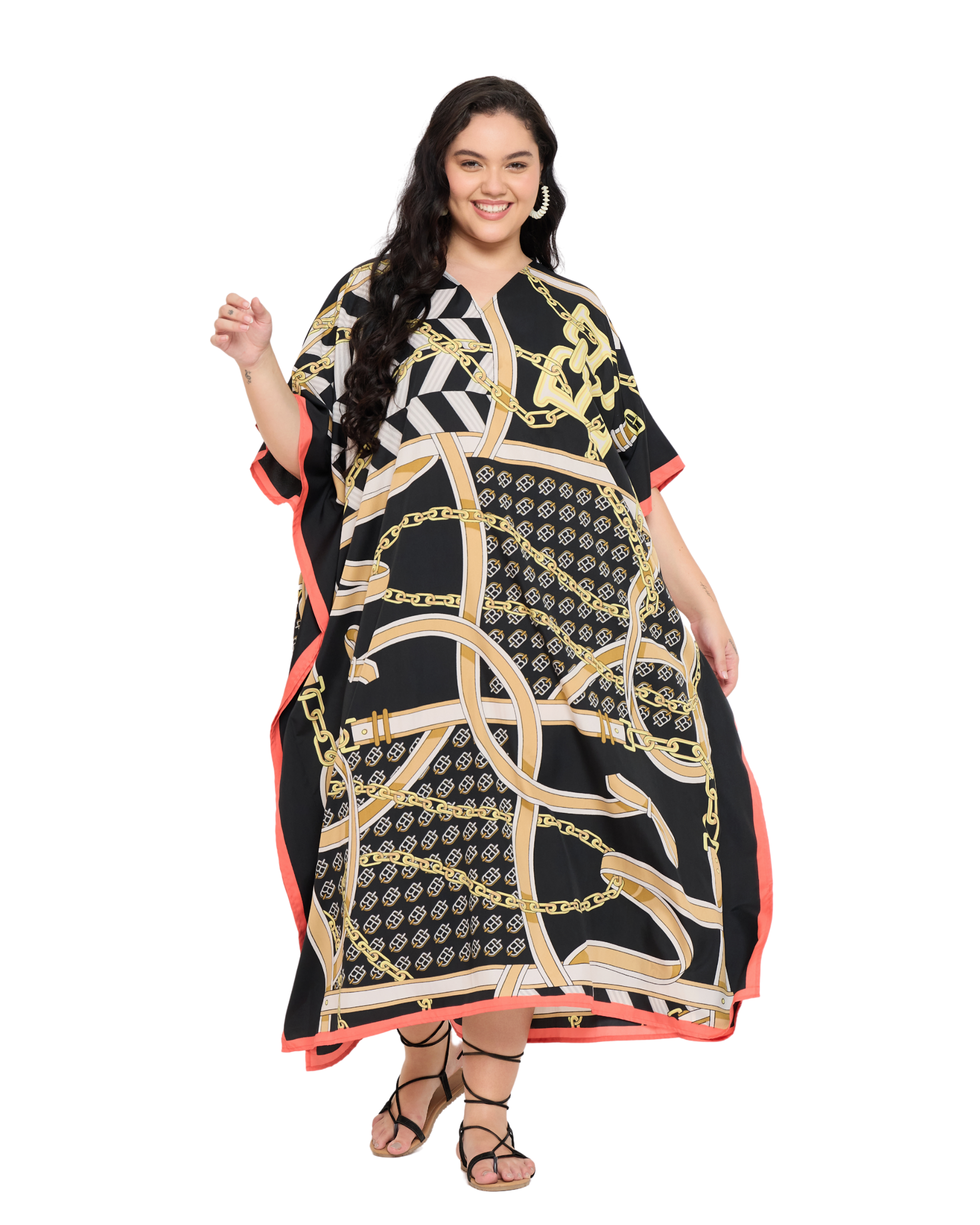 Geometric Polyester Black Kaftan Dress for Women Plus Size Caftan
