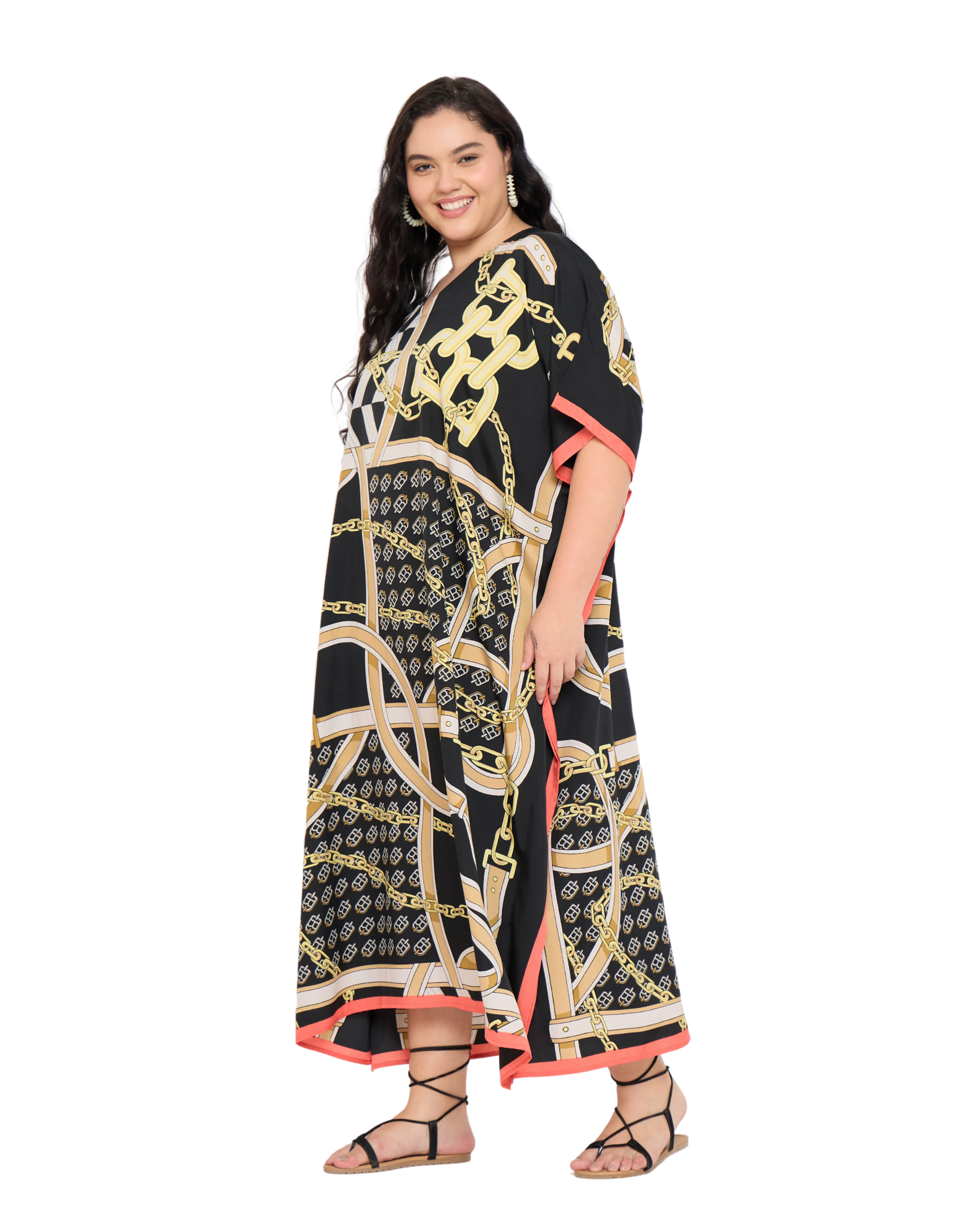Geometric Polyester Black Kaftan Dress for Women Plus Size Caftan