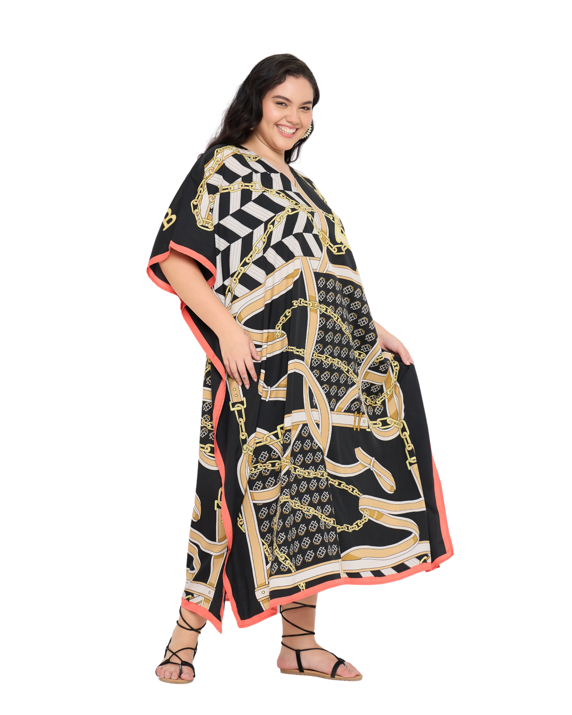 Geometric Polyester Black Kaftan Dress for Women Plus Size Caftan