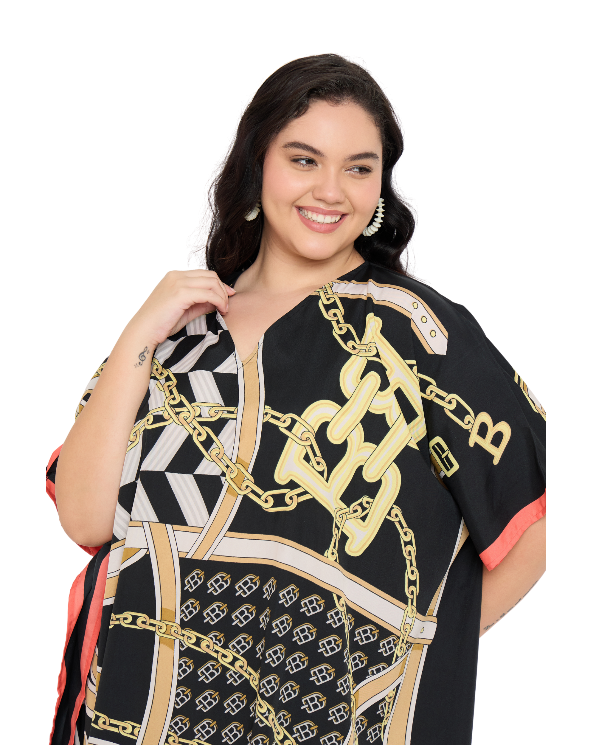 Geometric Polyester Black Kaftan Dress for Women Plus Size Caftan