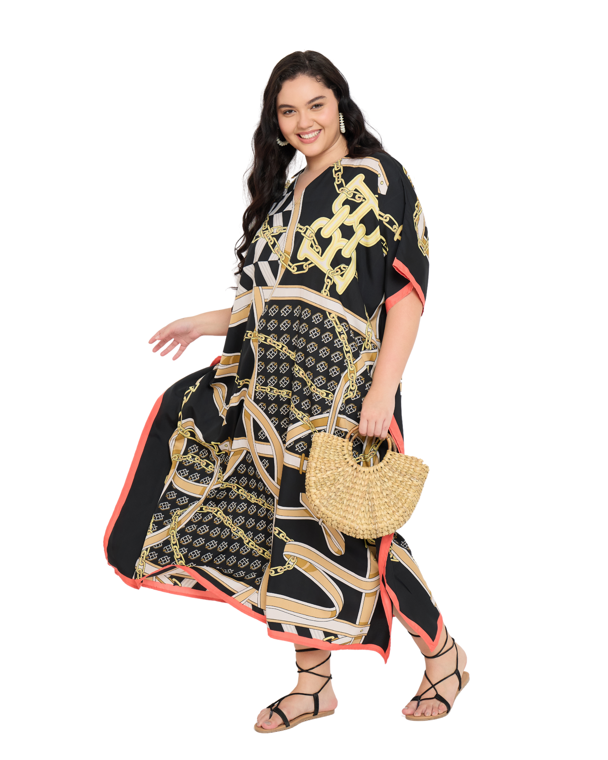 Geometric Polyester Black Kaftan Dress for Women Plus Size Caftan