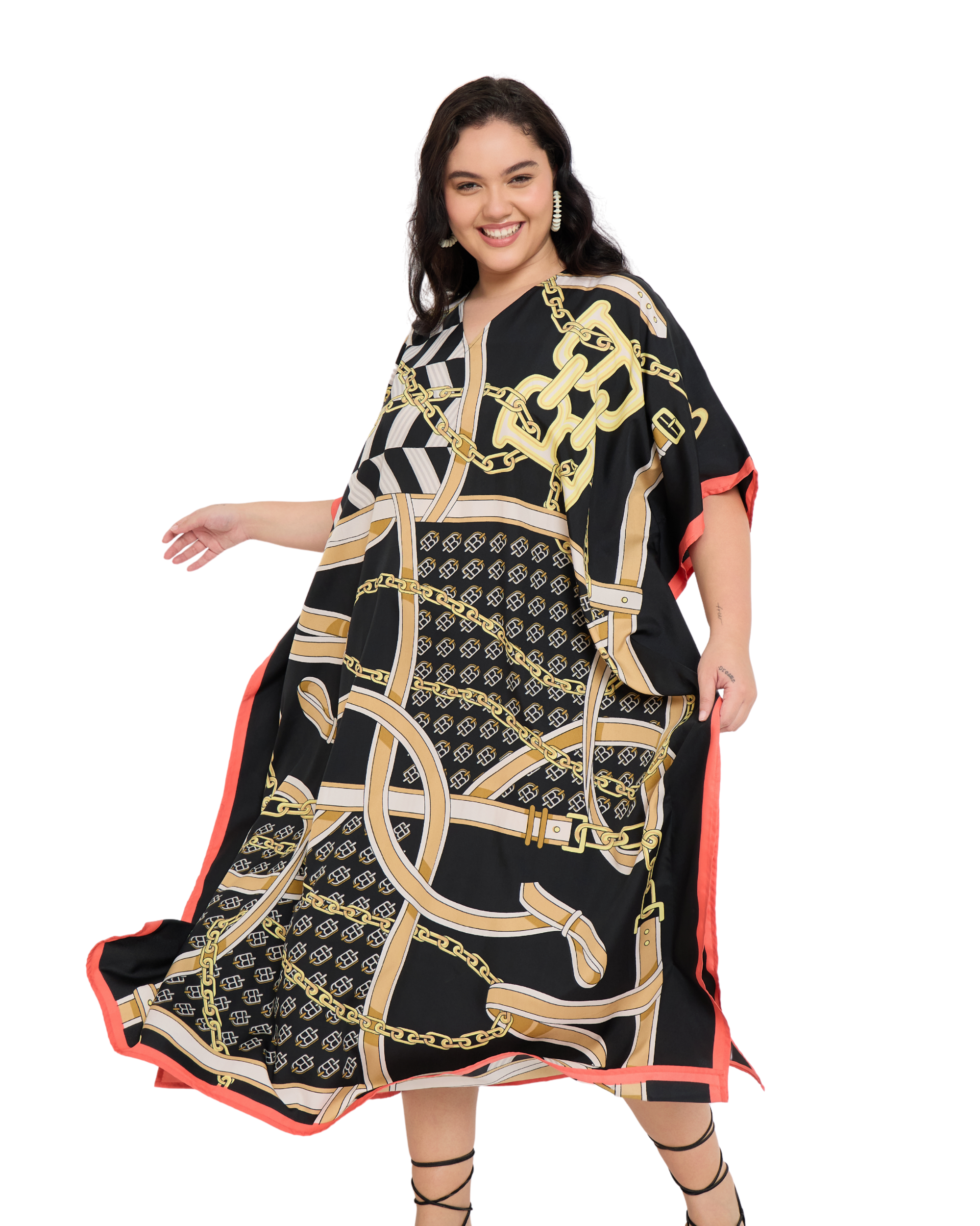 Geometric Polyester Black Kaftan Dress for Women Plus Size Caftan