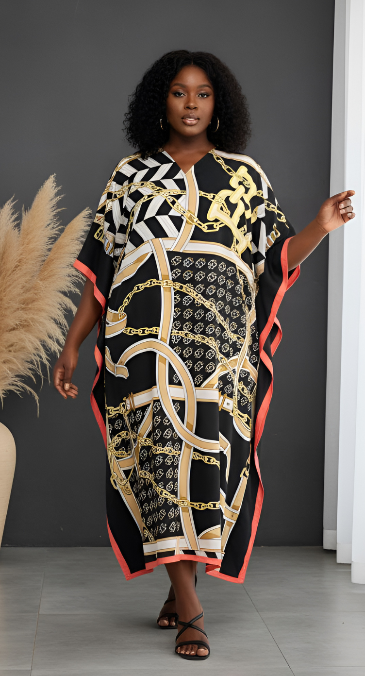 Geometric Polyester Black Kaftan Dress for Women Plus Size Caftan
