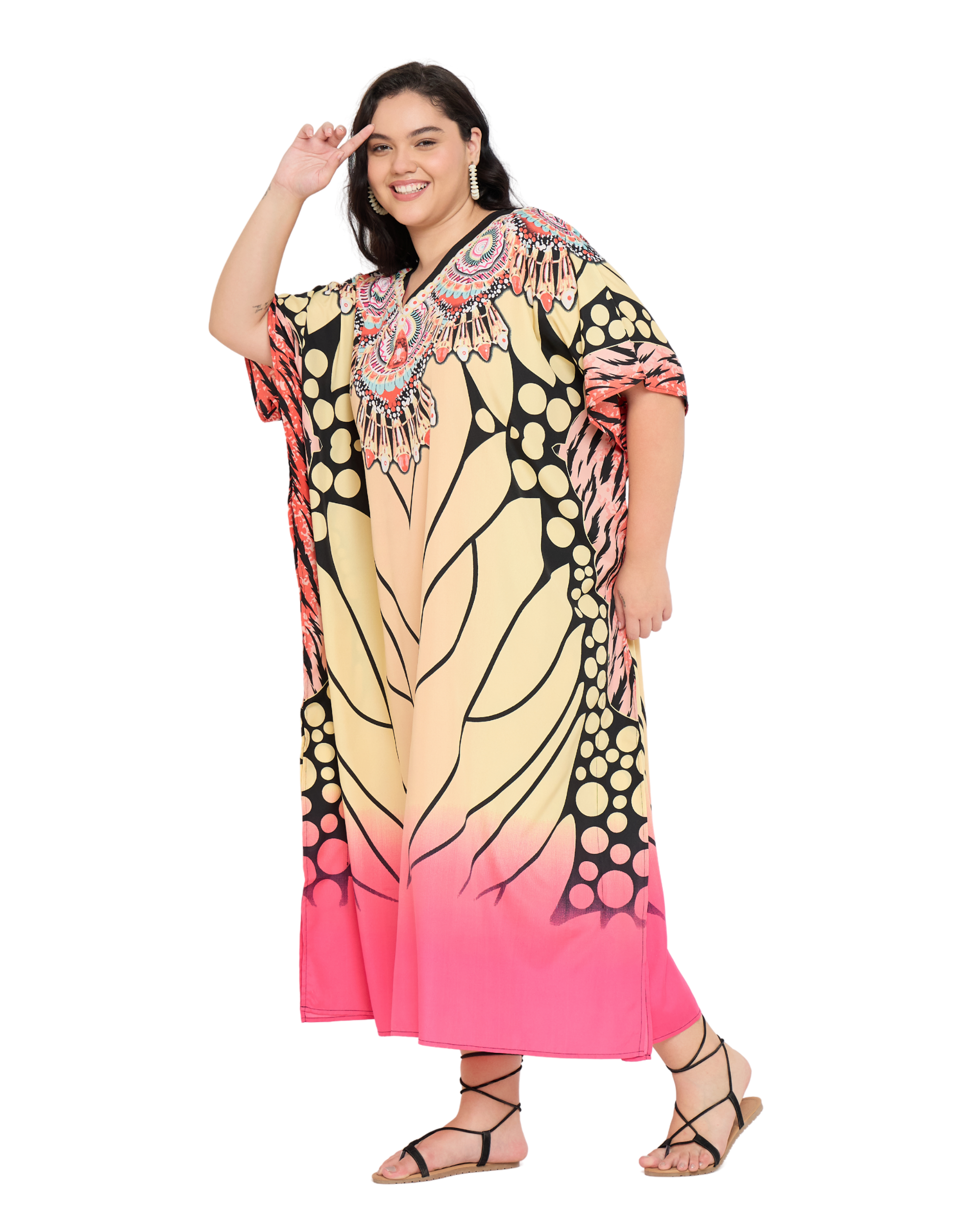 Beige Tribal Polyester Women Plus Size Kaftan Dress For Beach