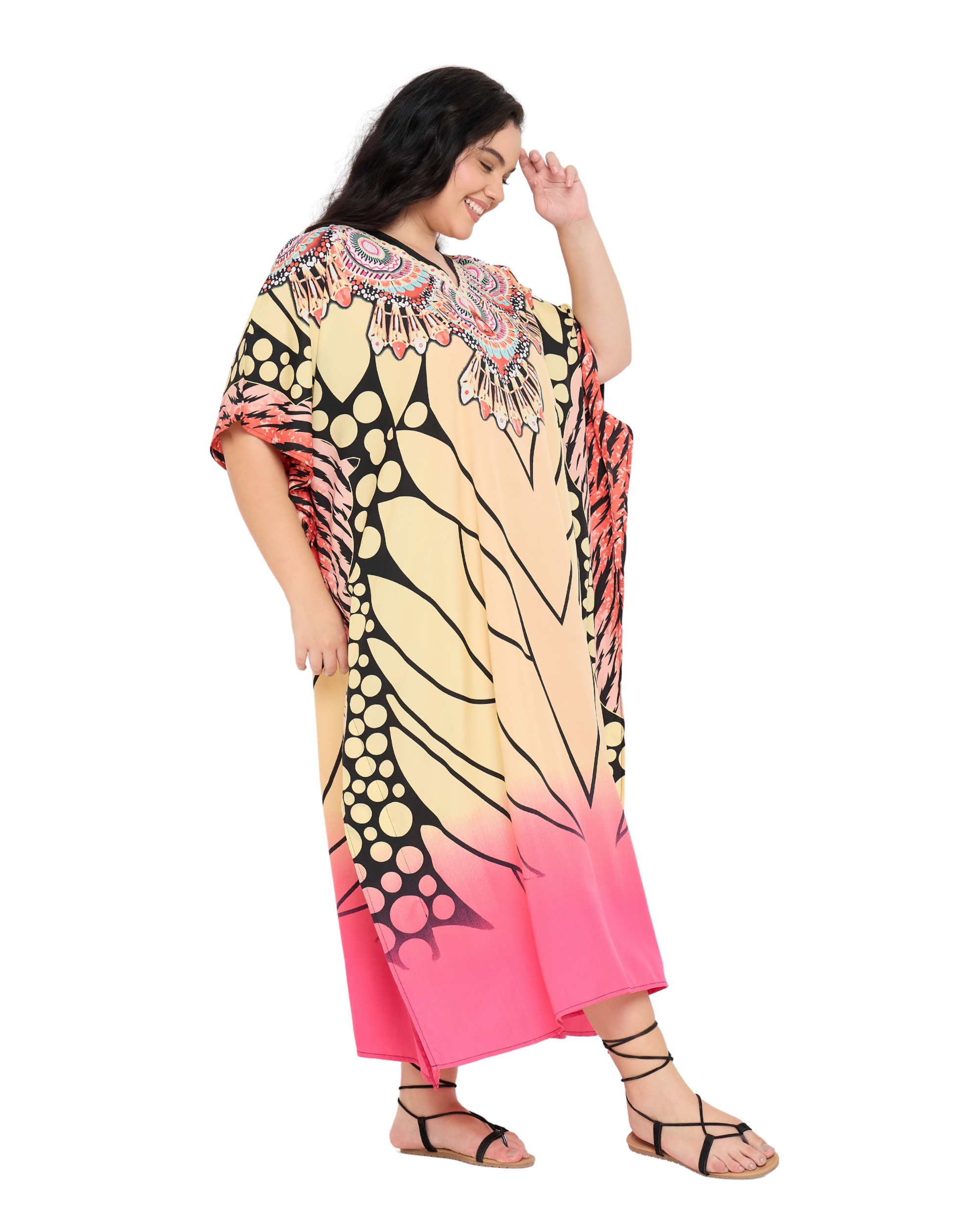 Beige Tribal Polyester Women Plus Size Kaftan Dress For Beach