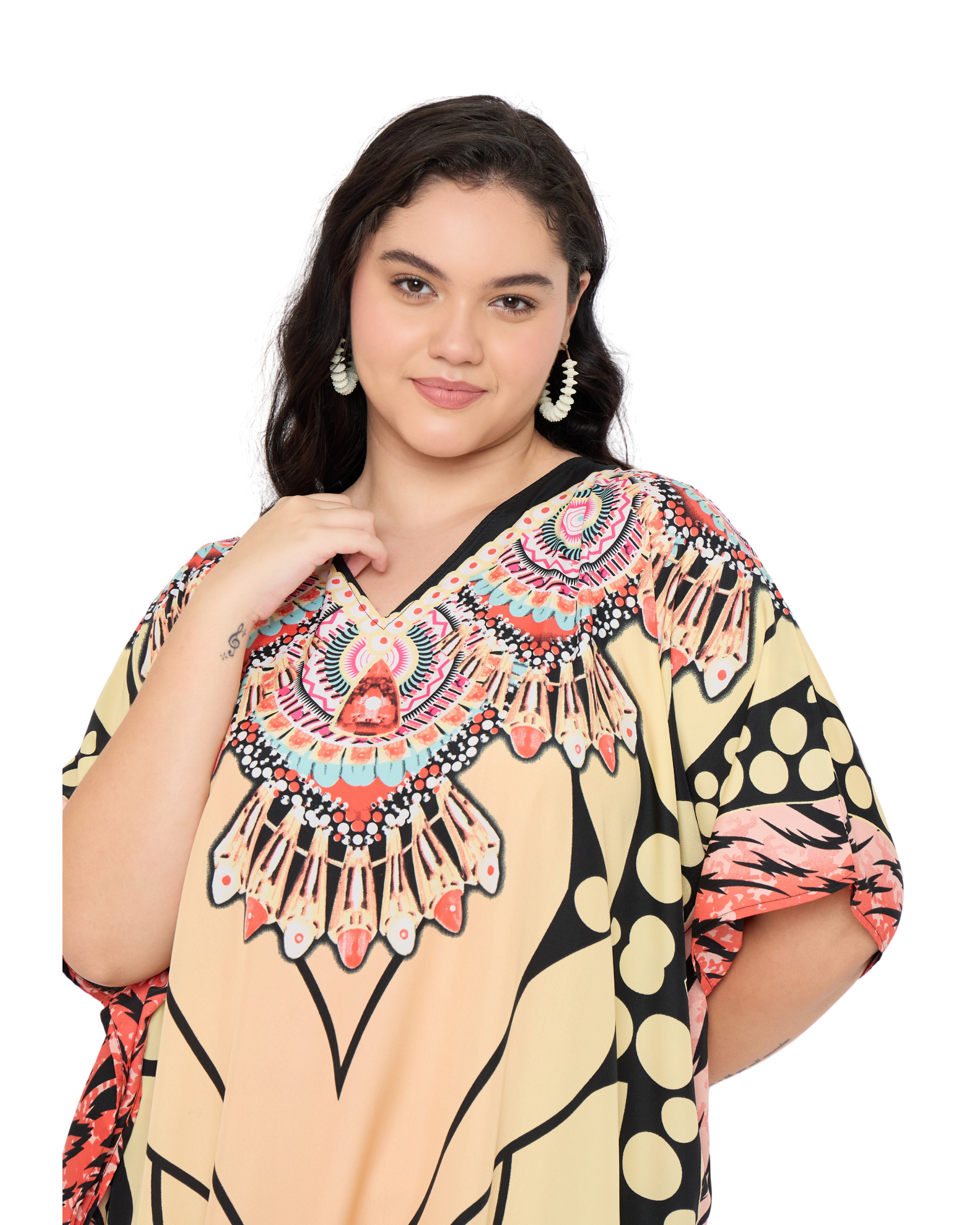 Beige Tribal Polyester Women Plus Size Kaftan Dress For Beach