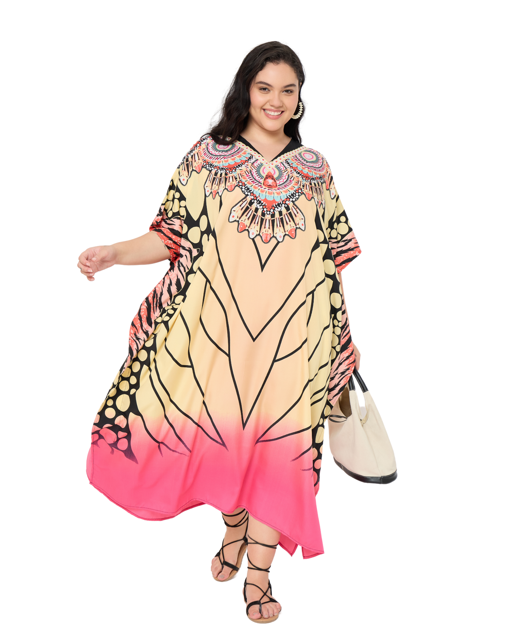 Beige Tribal Polyester Women Plus Size Kaftan Dress For Beach