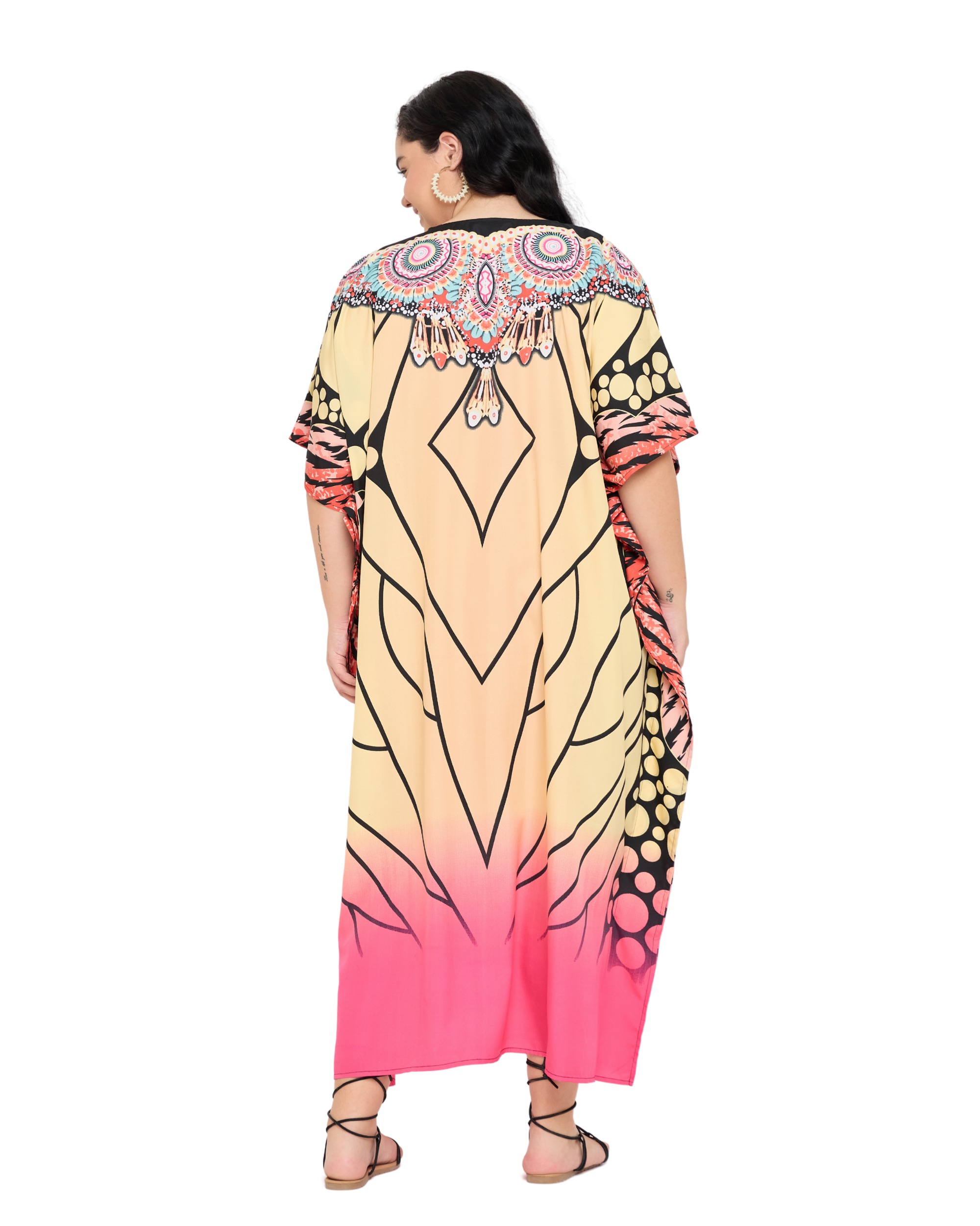 Beige Tribal Polyester Women Plus Size Kaftan Dress For Beach