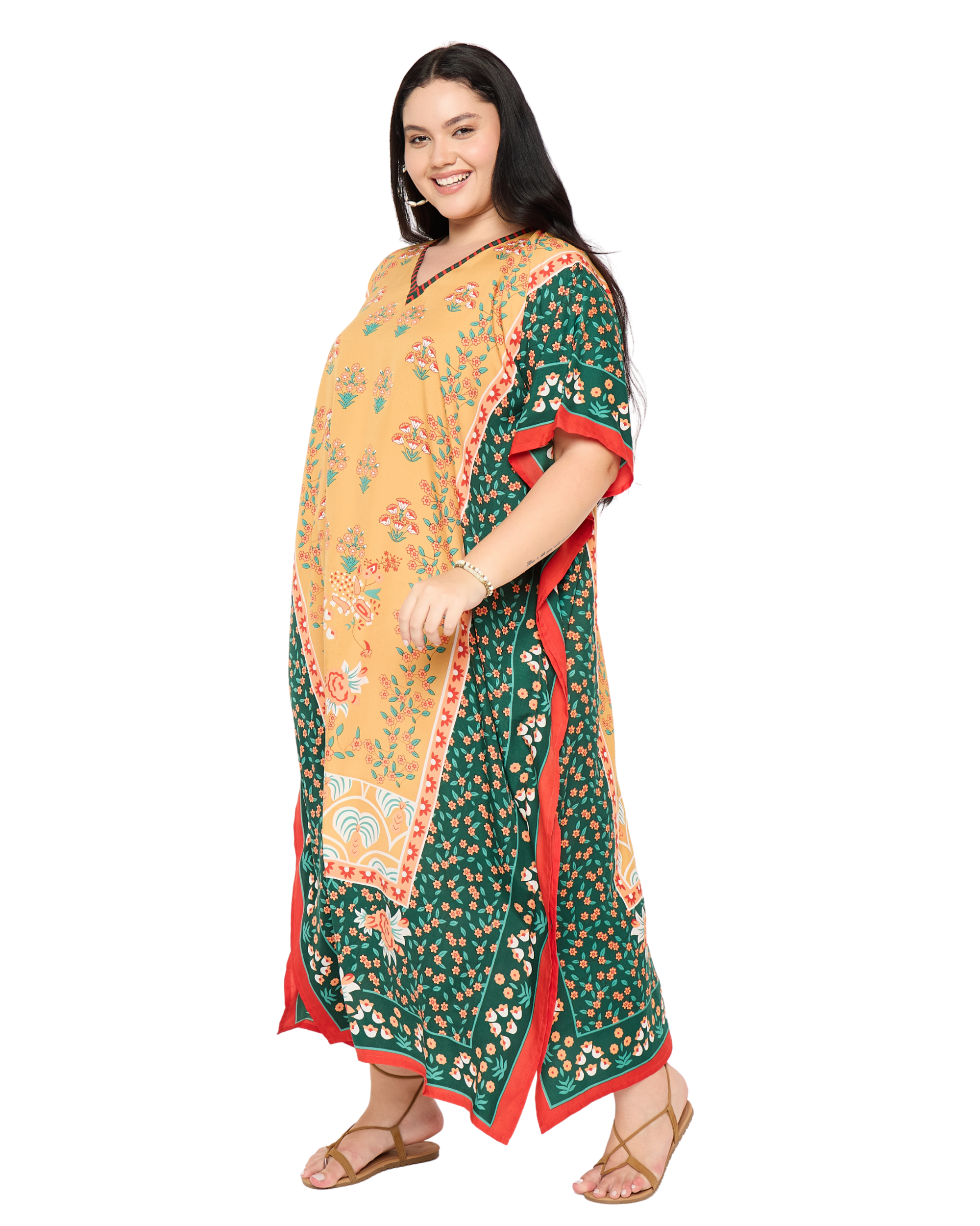 Mustered Yellow Floral Women Plus Size Caftan Dress Beach Cover Up