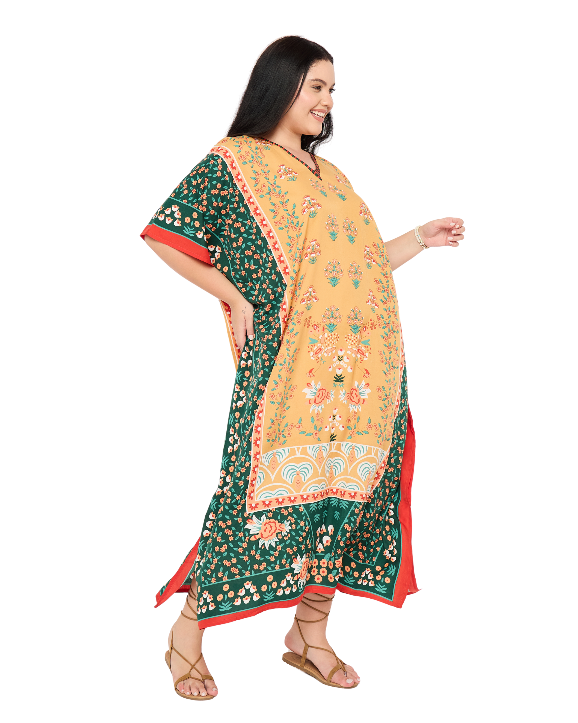 Mustered Yellow Floral Women Plus Size Caftan Dress Beach Cover Up