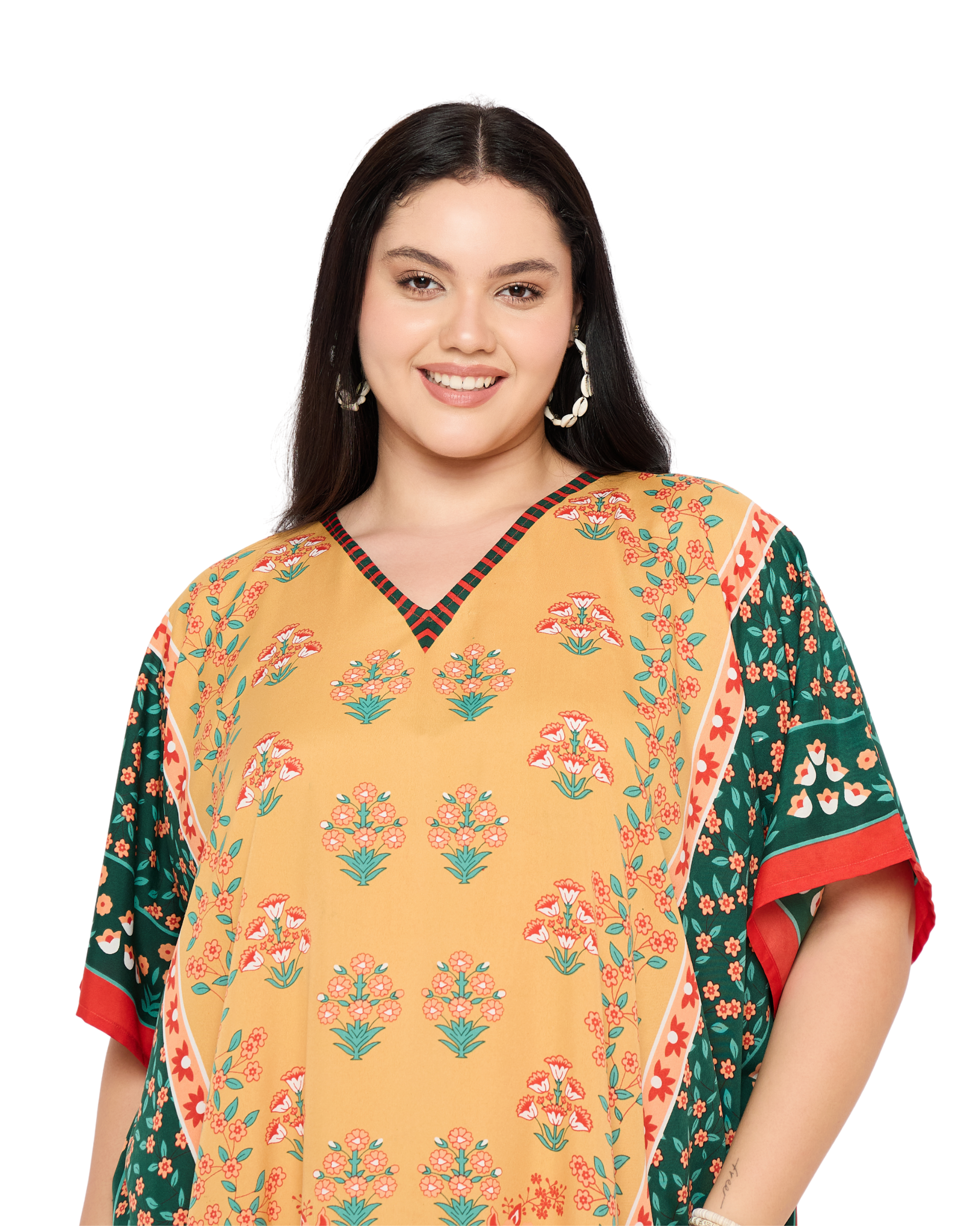 Mustered Yellow Floral Women Plus Size Caftan Dress Beach Cover Up
