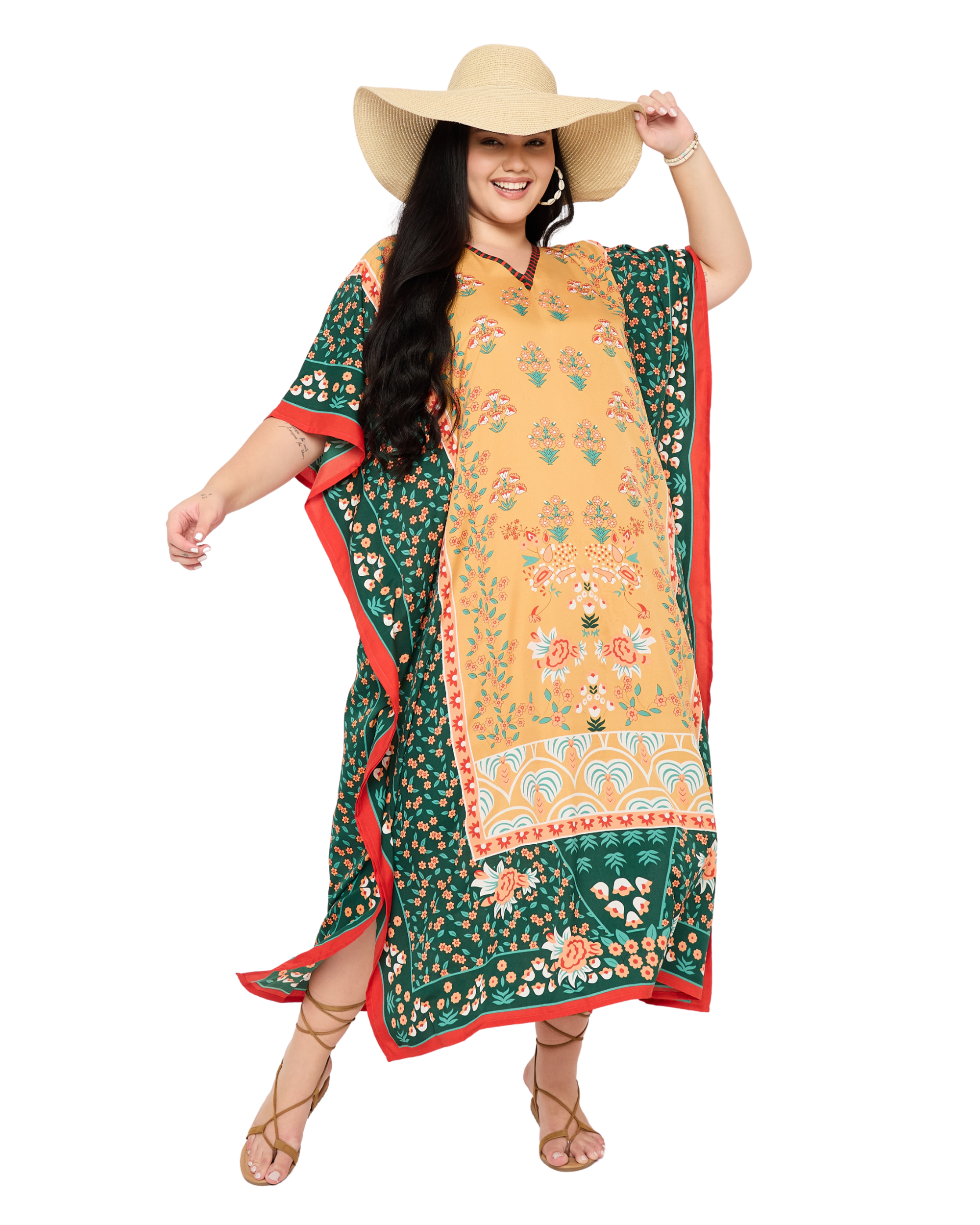 Mustered Yellow Floral Women Plus Size Caftan Dress Beach Cover Up