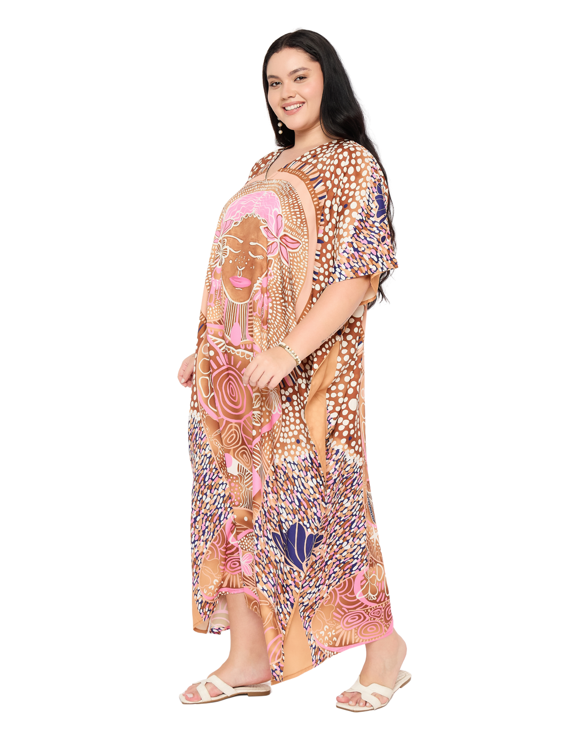 Light Brown Lady Face Polyester Women Plus Size Loungewear Kaftan Dress