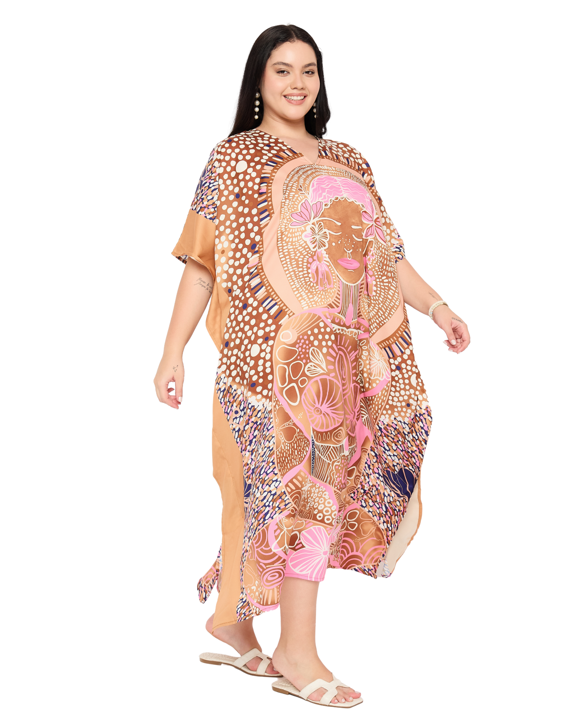Light Brown Lady Face Polyester Women Plus Size Loungewear Kaftan Dress