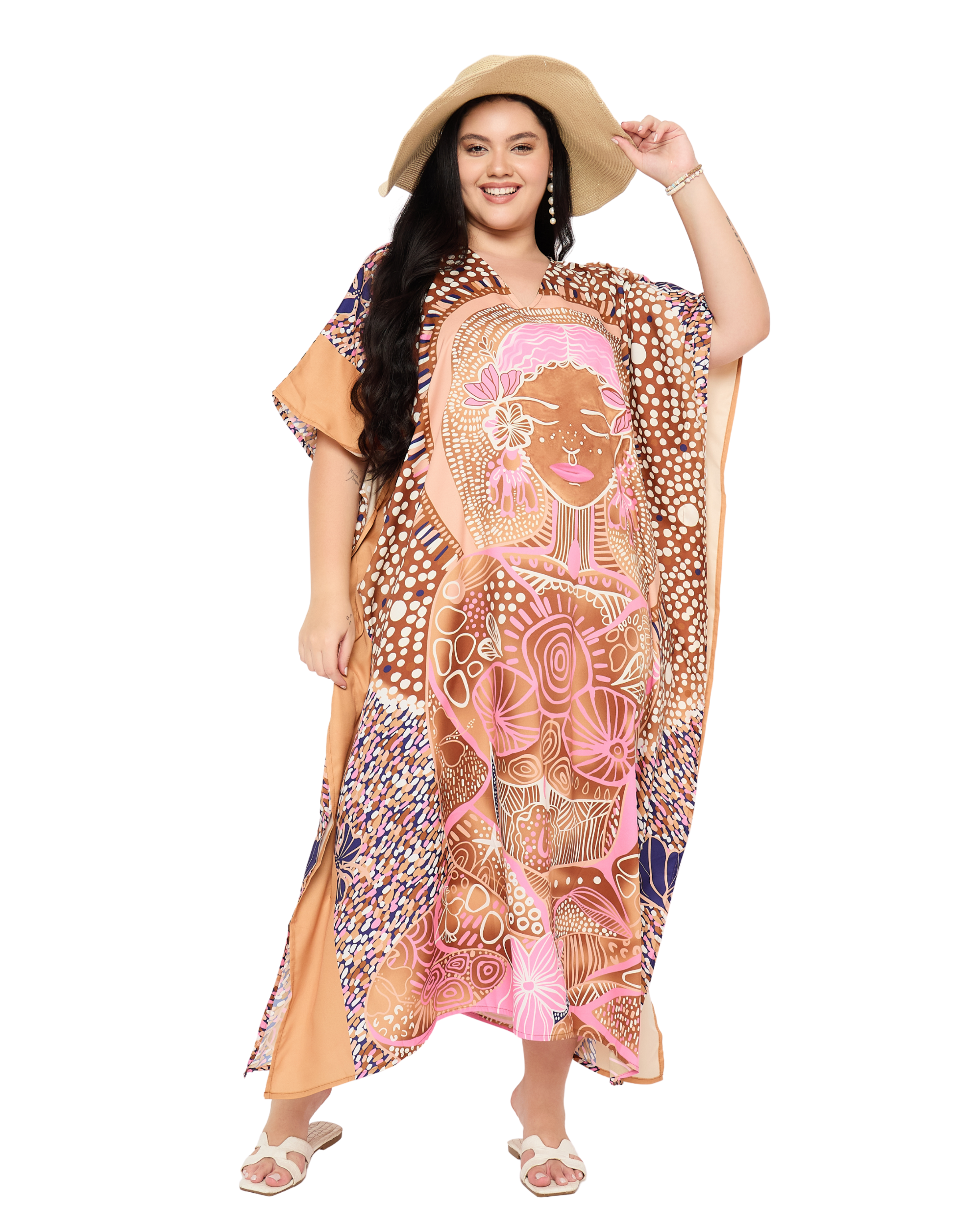 Light Brown Lady Face Polyester Women Plus Size Loungewear Kaftan Dress