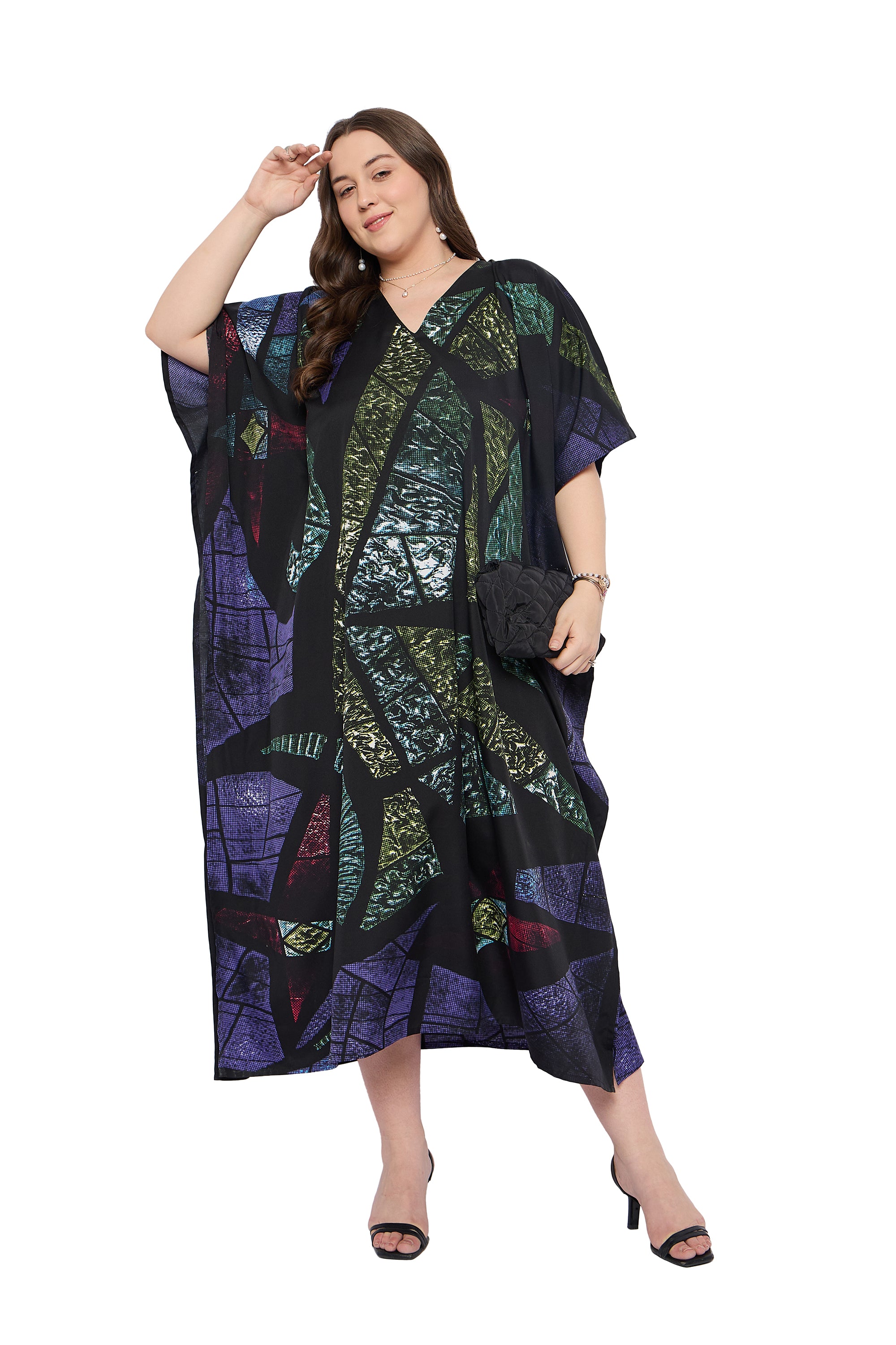 Abstract Multicolour Comfy Women Plus Size Loungewear Kaftan for Home