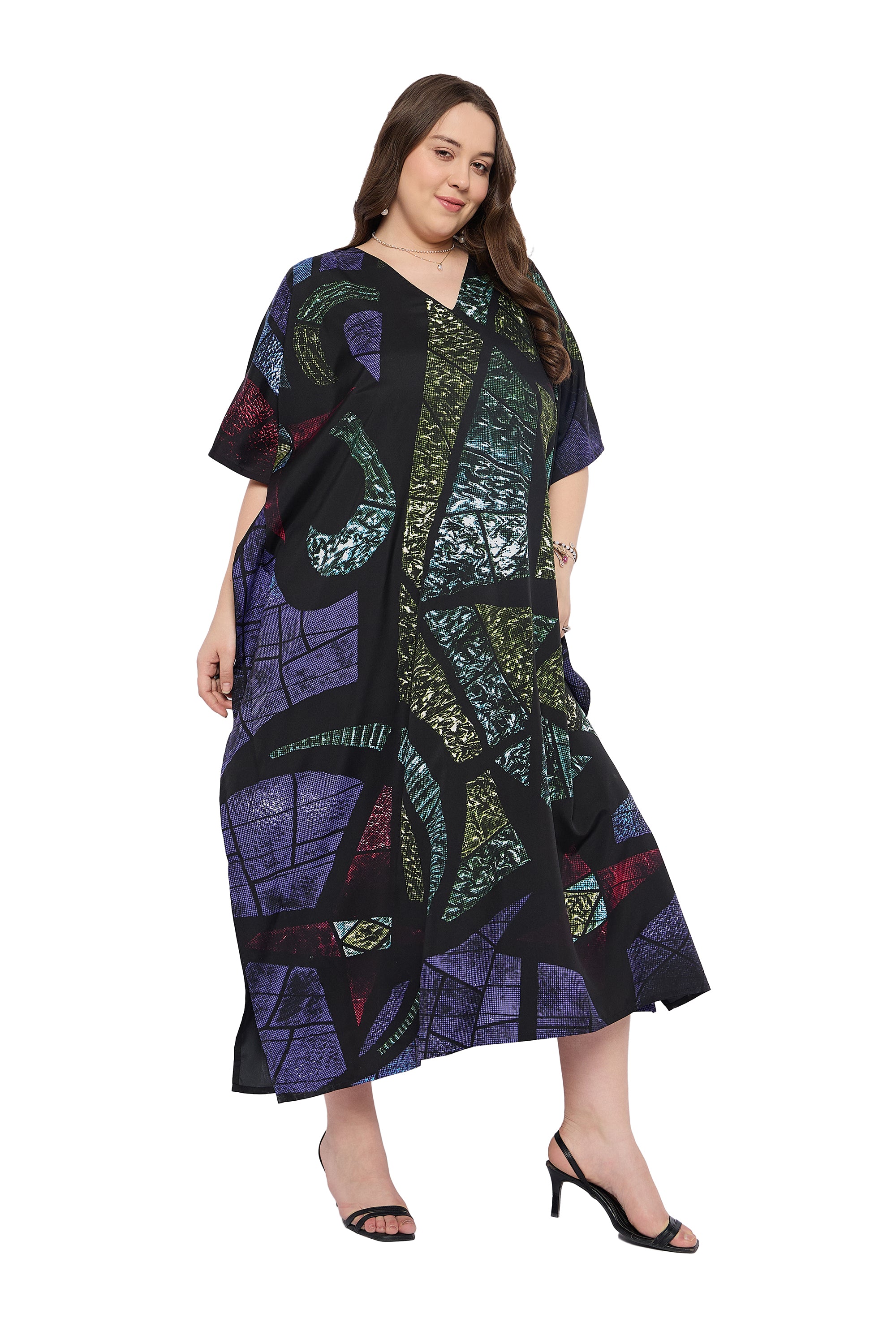 Abstract Multicolour Comfy Women Plus Size Loungewear Kaftan for Home