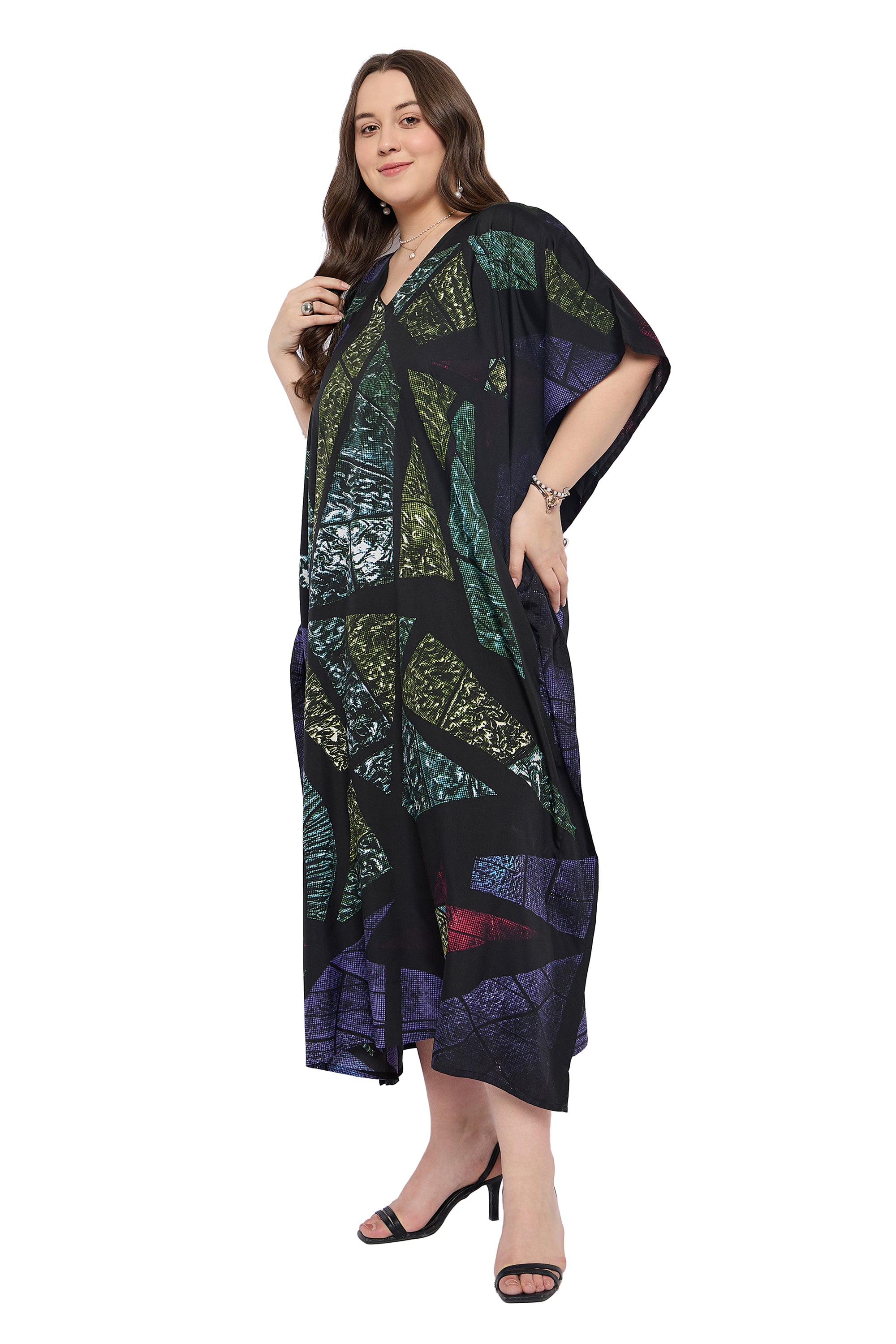 Abstract Multicolour Comfy Women Plus Size Loungewear Kaftan for Home