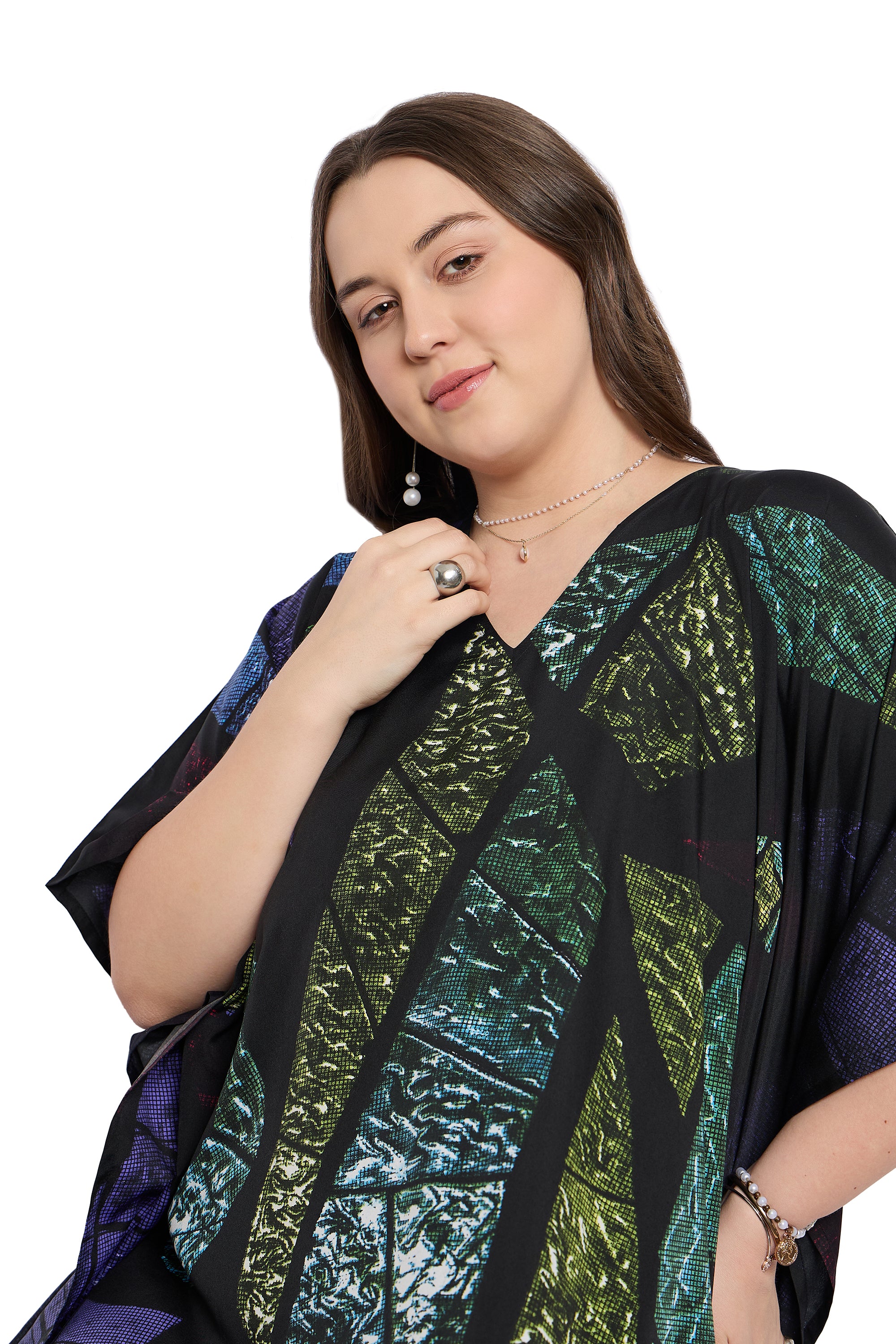 Abstract Multicolour Comfy Women Plus Size Loungewear Kaftan for Home