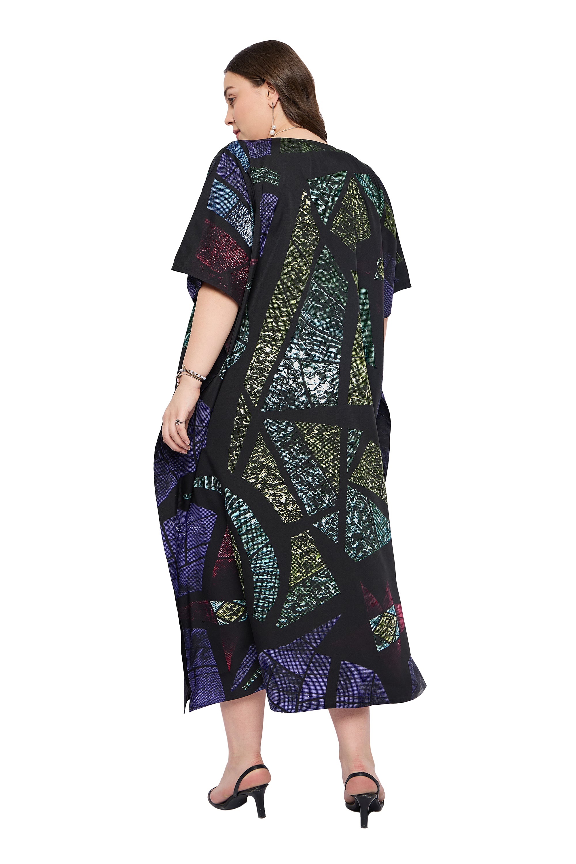 Abstract Multicolour Comfy Women Plus Size Loungewear Kaftan for Home