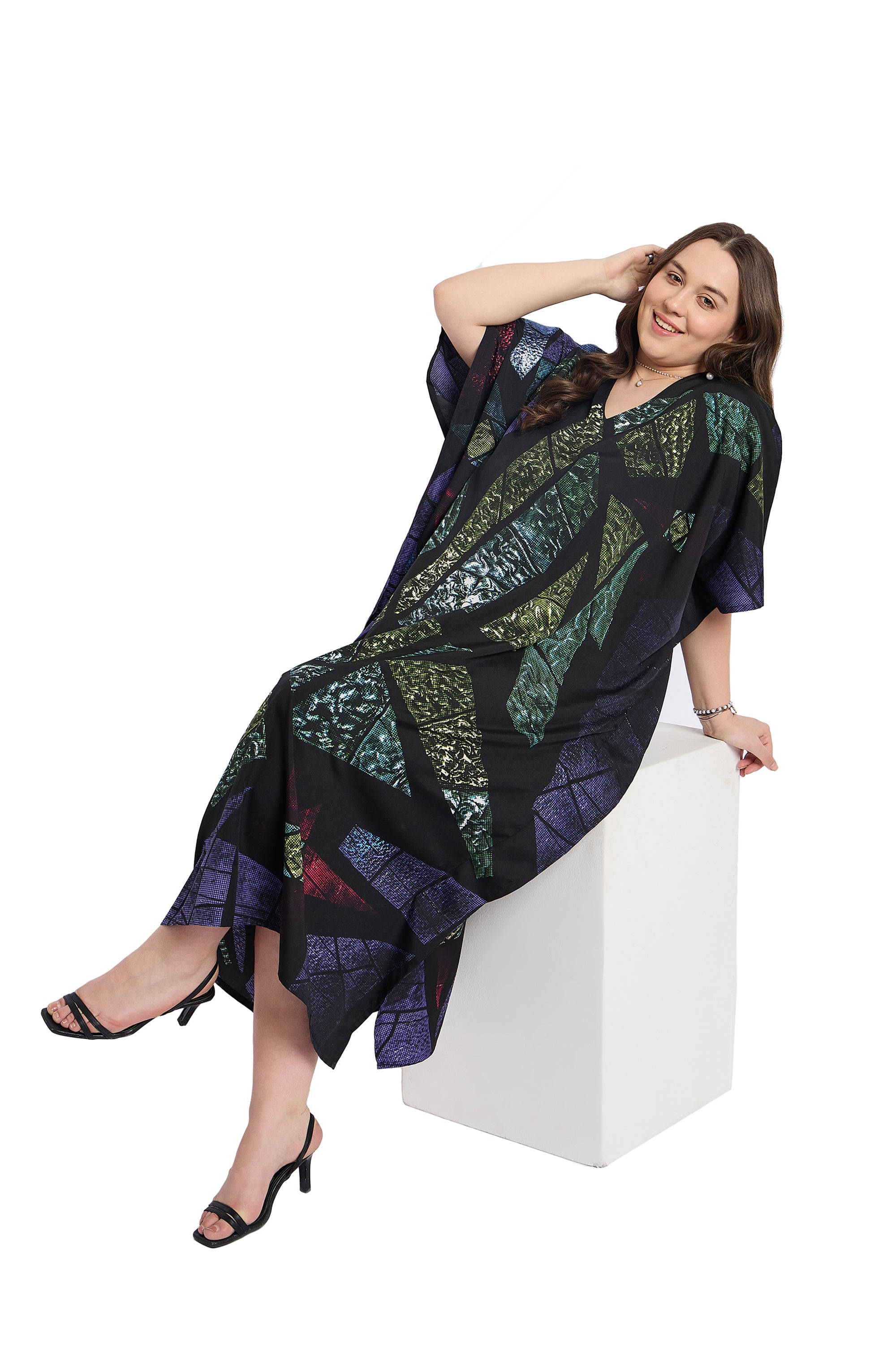 Abstract Multicolour Comfy Women Plus Size Loungewear Kaftan for Home