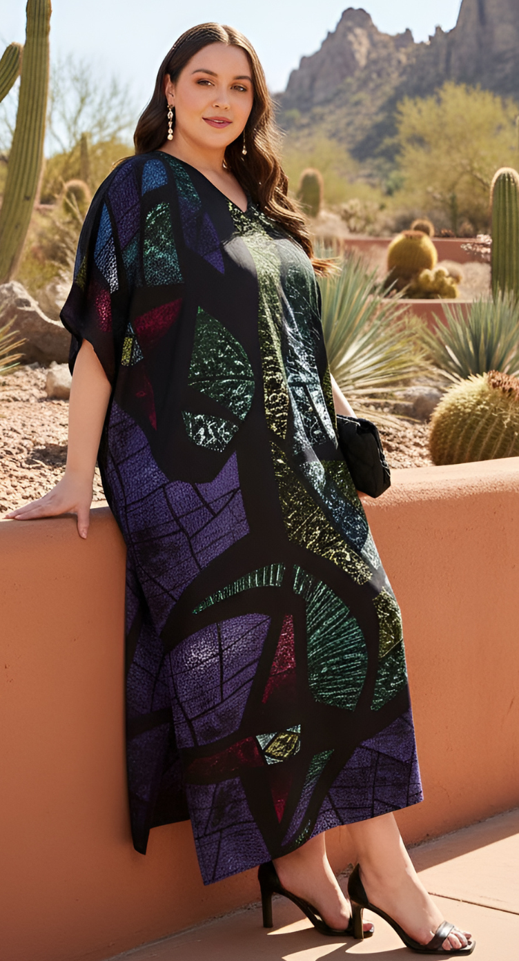 Abstract Multicolour Women Plus Size Loungewear Kaftan for Home