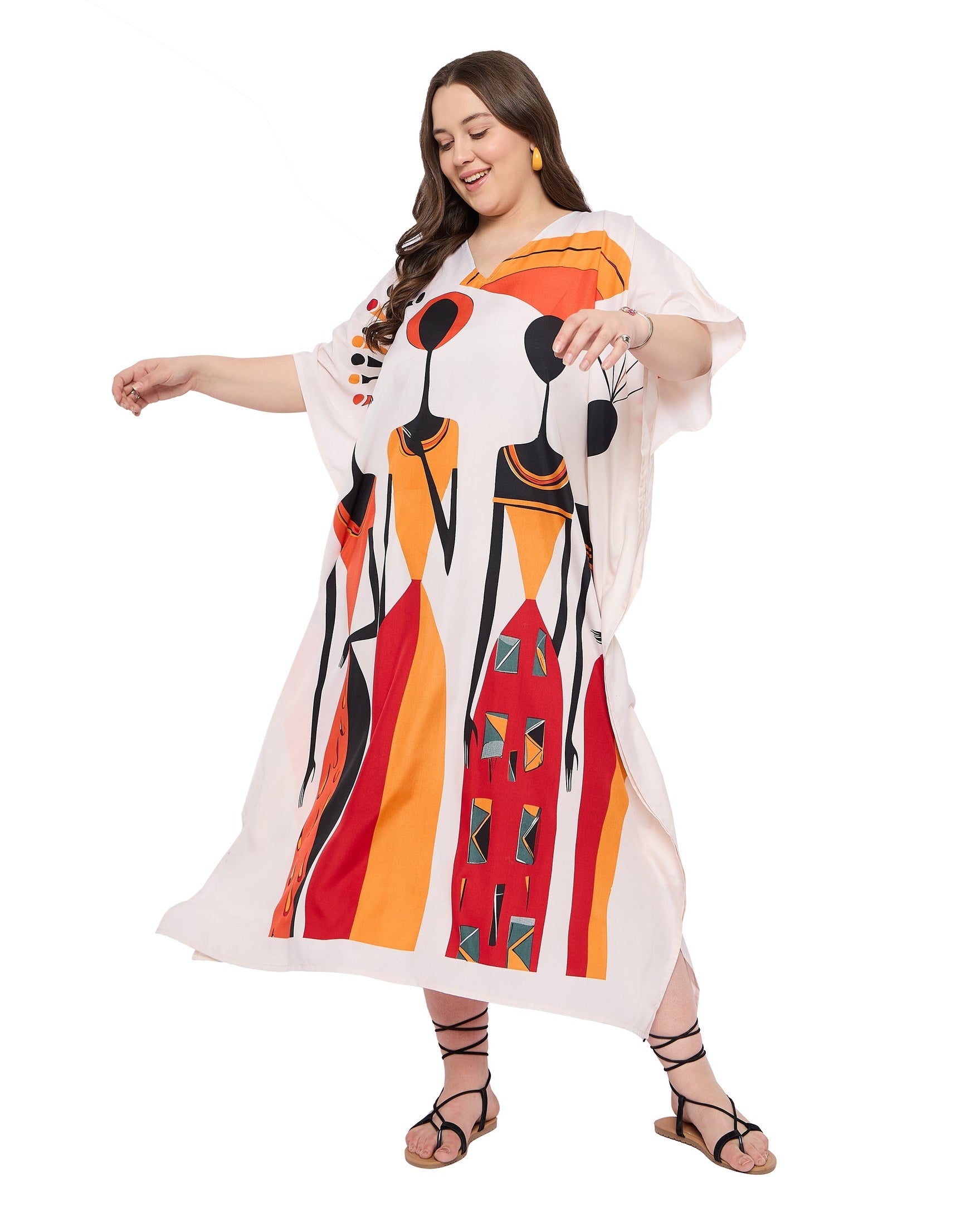 Lady Print Polyester off White Plus Size Beach Kaftan Dress For Women