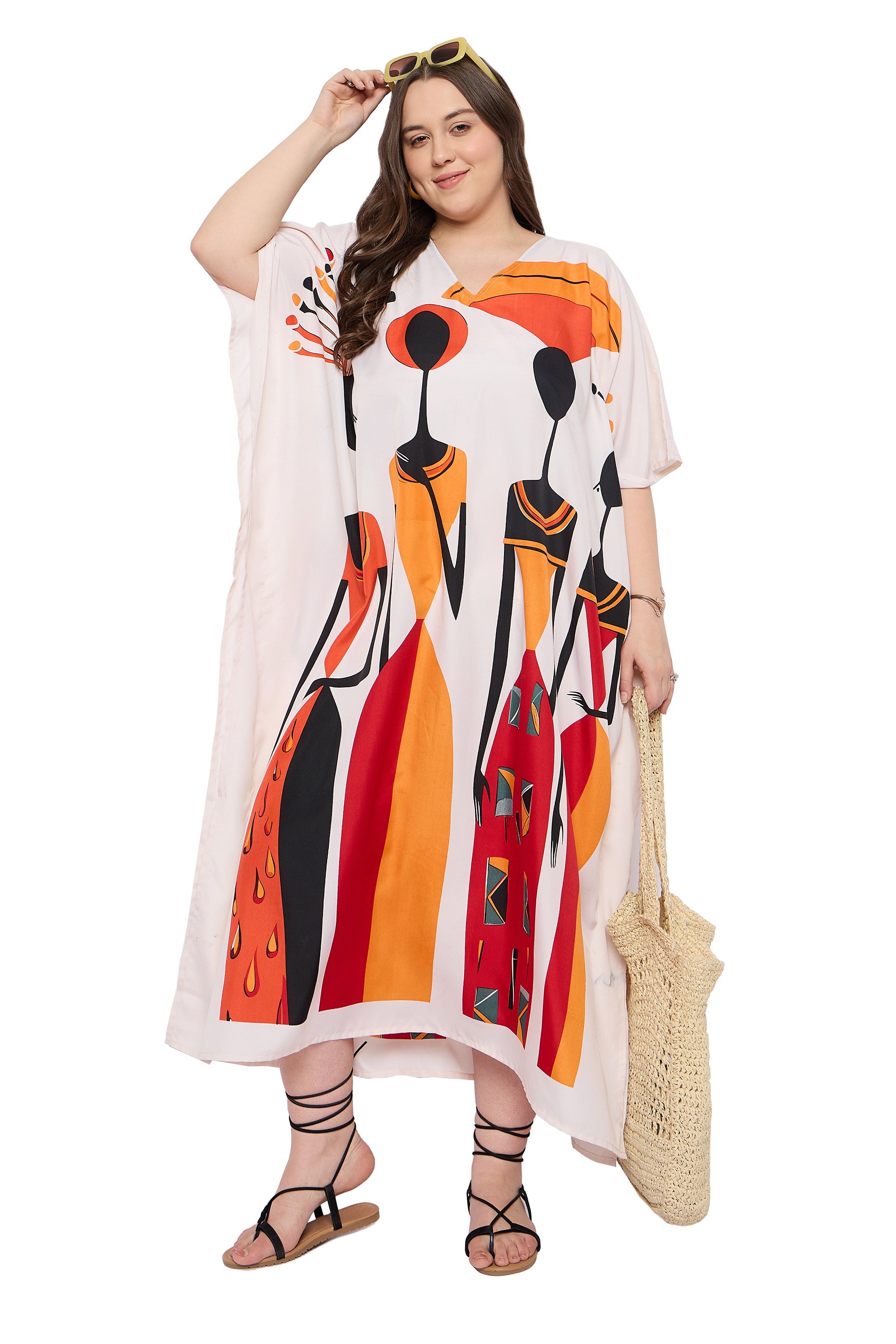 Lady Print Polyester off White Plus Size Beach Kaftan Dress For Women