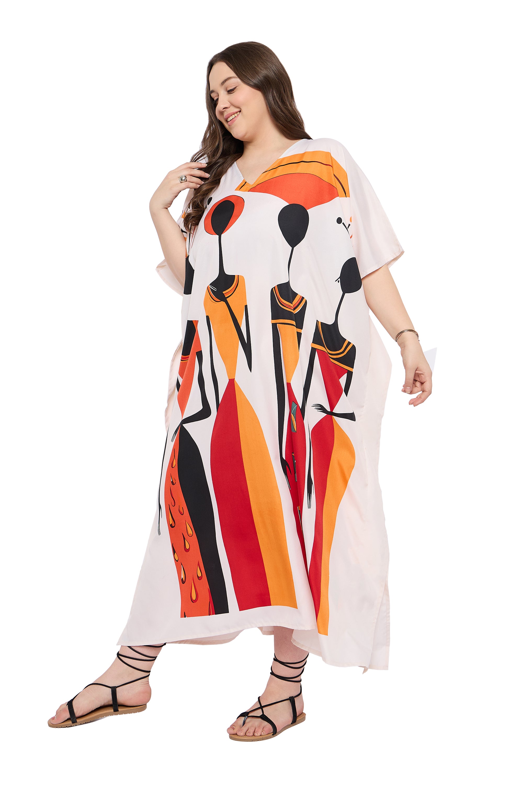 Lady Print Polyester off White Plus Size Beach Kaftan Dress For Women