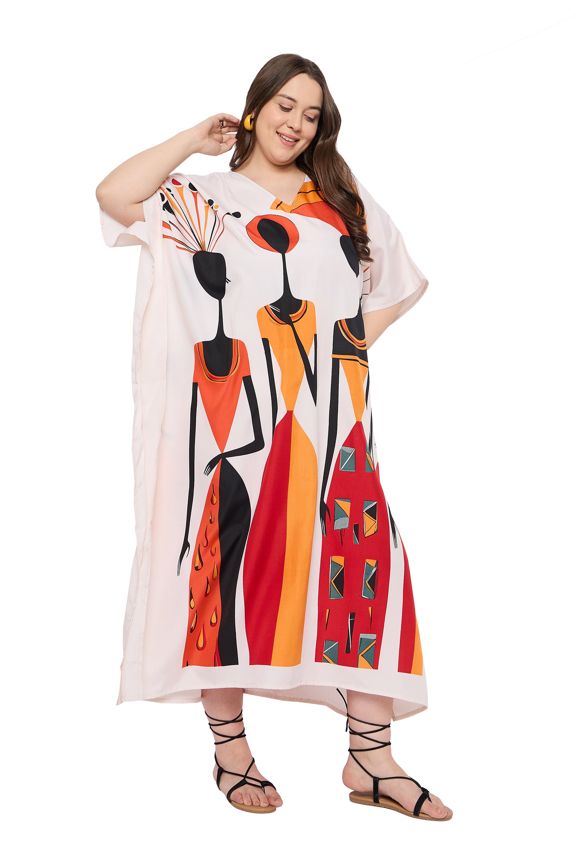 Lady Print Polyester off White Plus Size Beach Kaftan Dress For Women