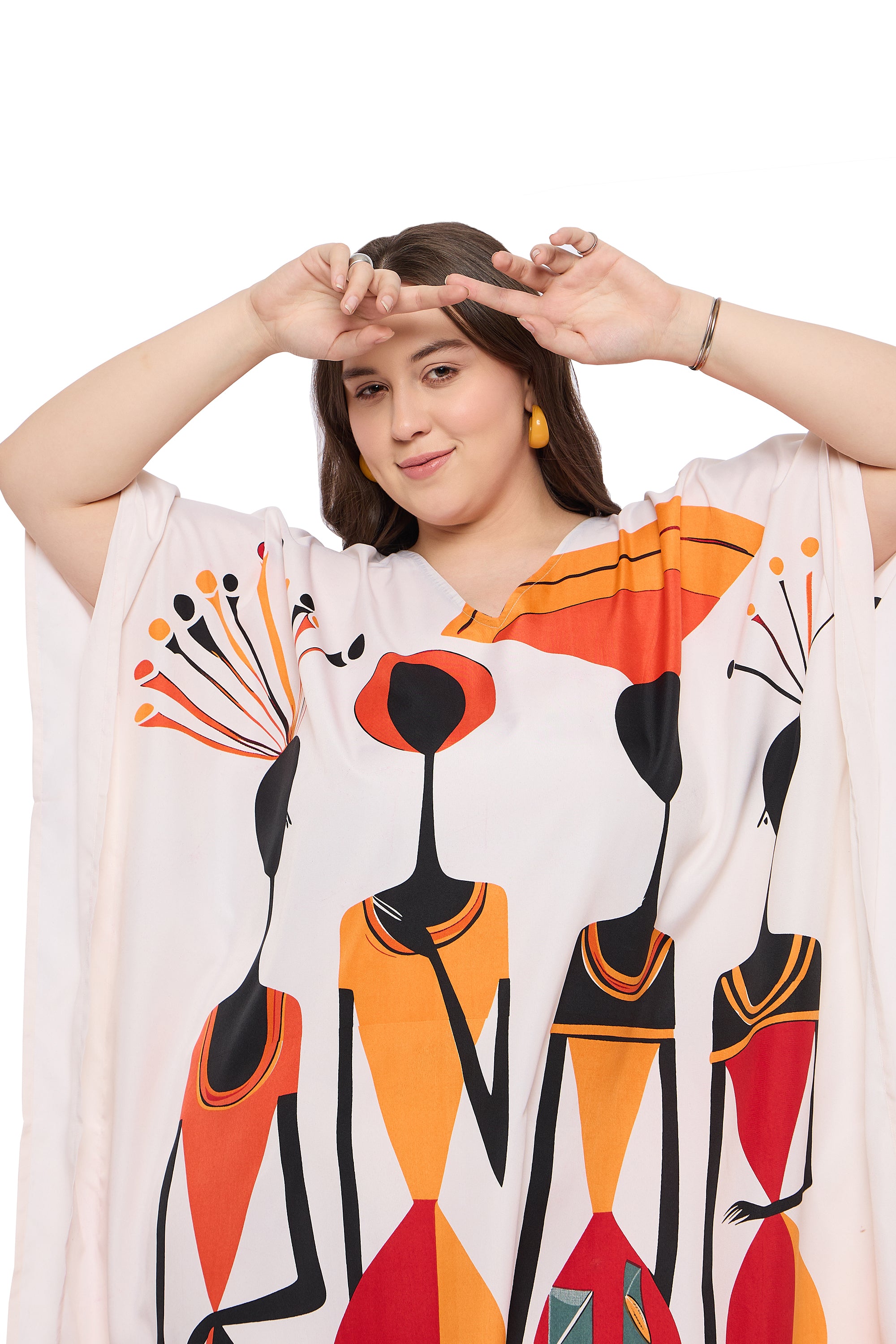 Lady Print Polyester off White Plus Size Beach Kaftan Dress For Women
